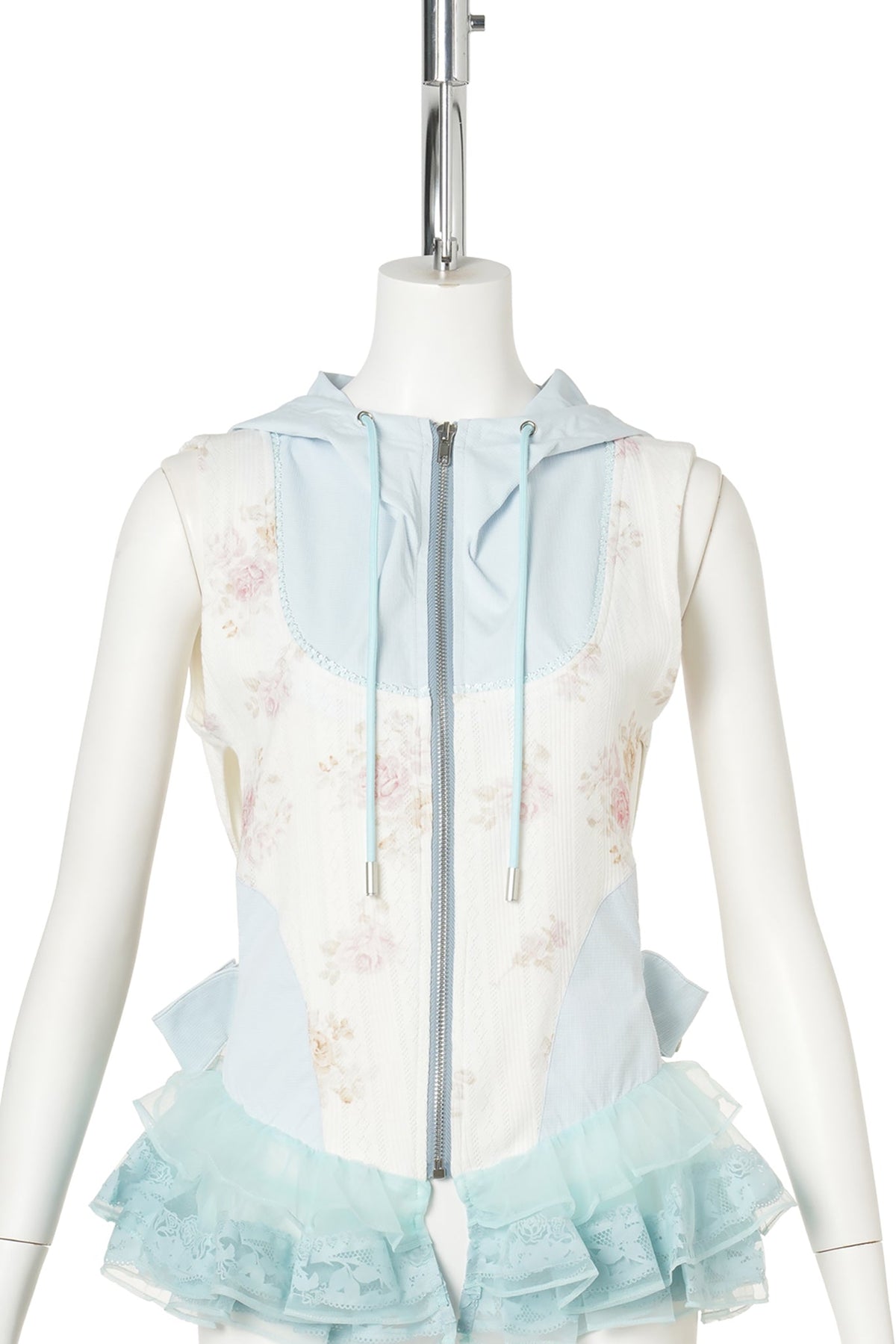 HOODED CORSET RUFFLE VEST / BLUE/IVORY