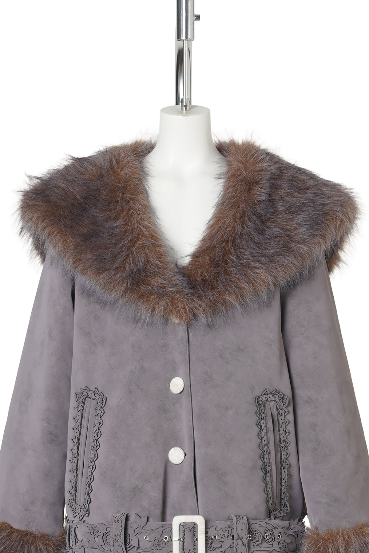 FUR LASER TRIM BELTED JACKET / ASH LILAC