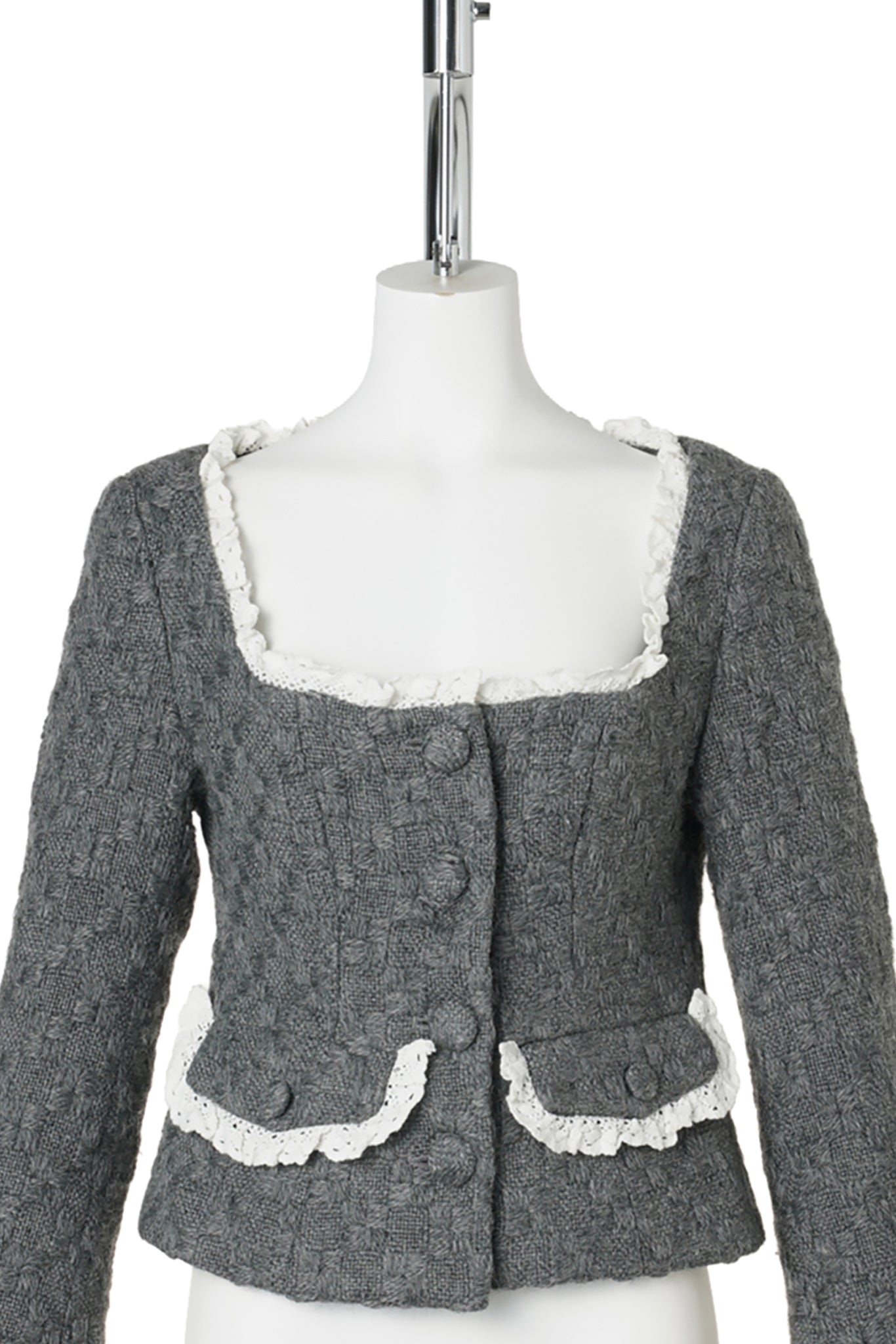 OPEN-NECK LACE-TRIM TWEED JACKET / GREY