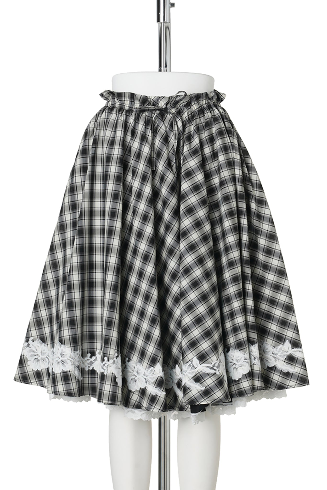CHECK GATHERED SKIRT WITH FLORAL APPLIQUÉ / BLACK CHECK