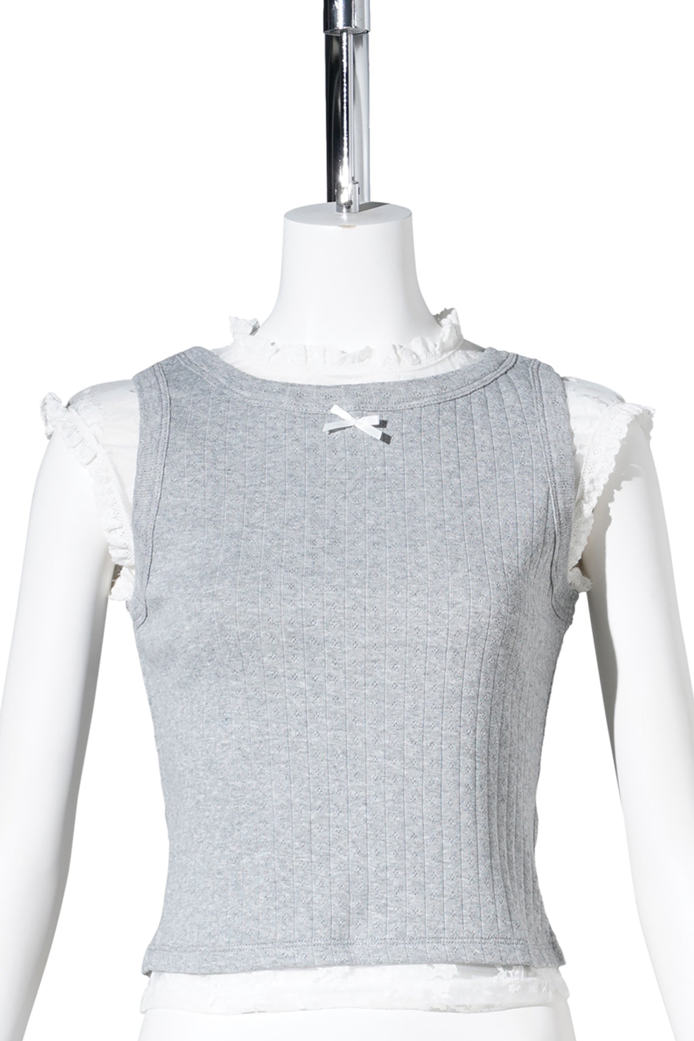 POINTELLE LACE TRIM BOW TANK TOP / GREY