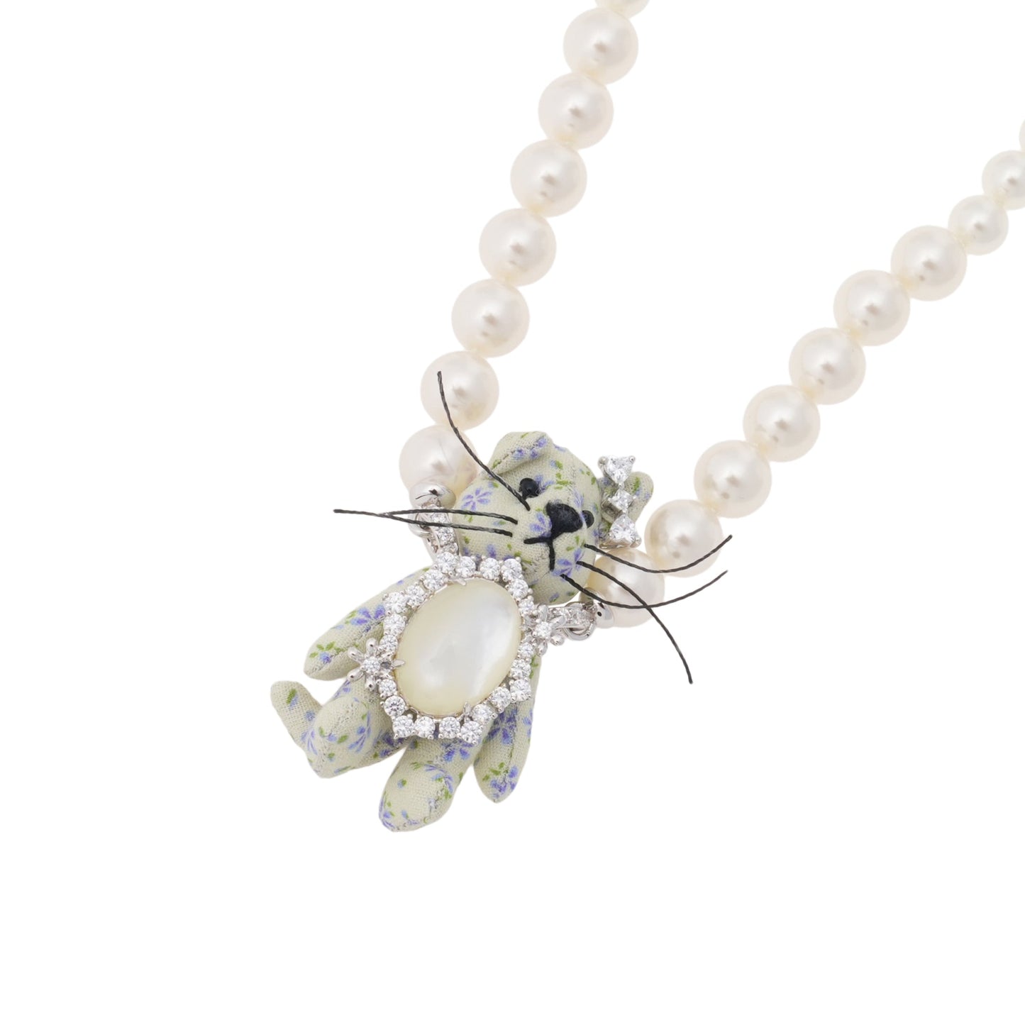 FABRIC KITTEN PEARL NECKLACE / BLUE