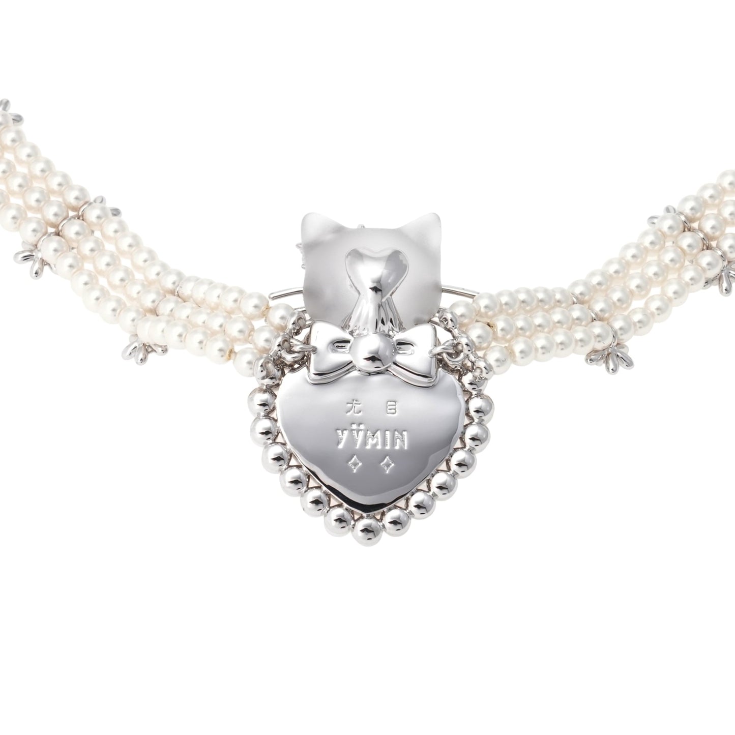 KITTEN HEART SHAPED PEARL NECKLACE / SILVER