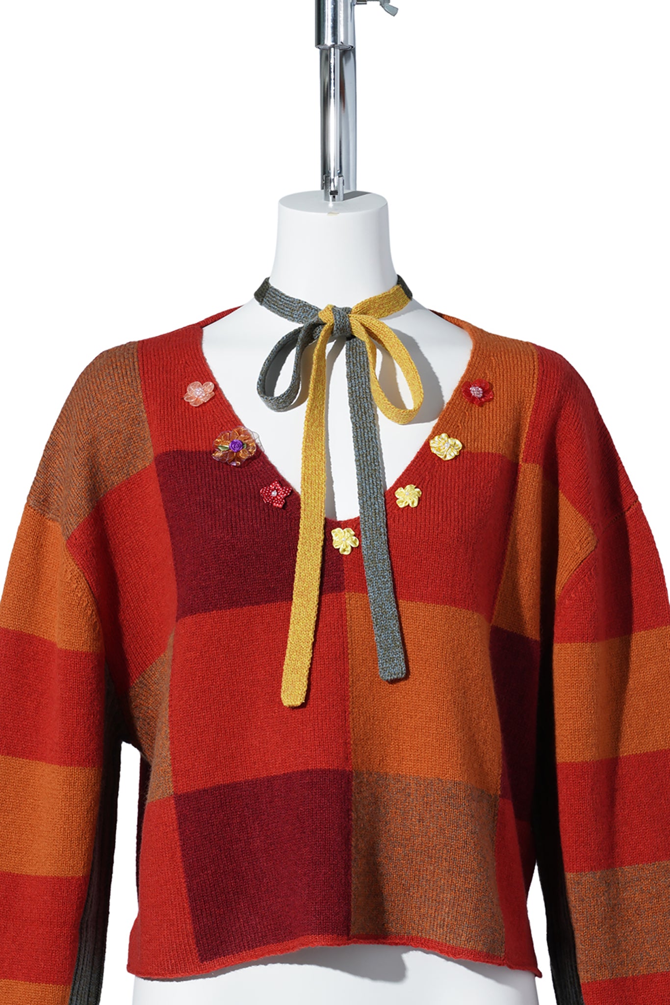 CHECK VNECK CROP PULLOVER / TOMATO