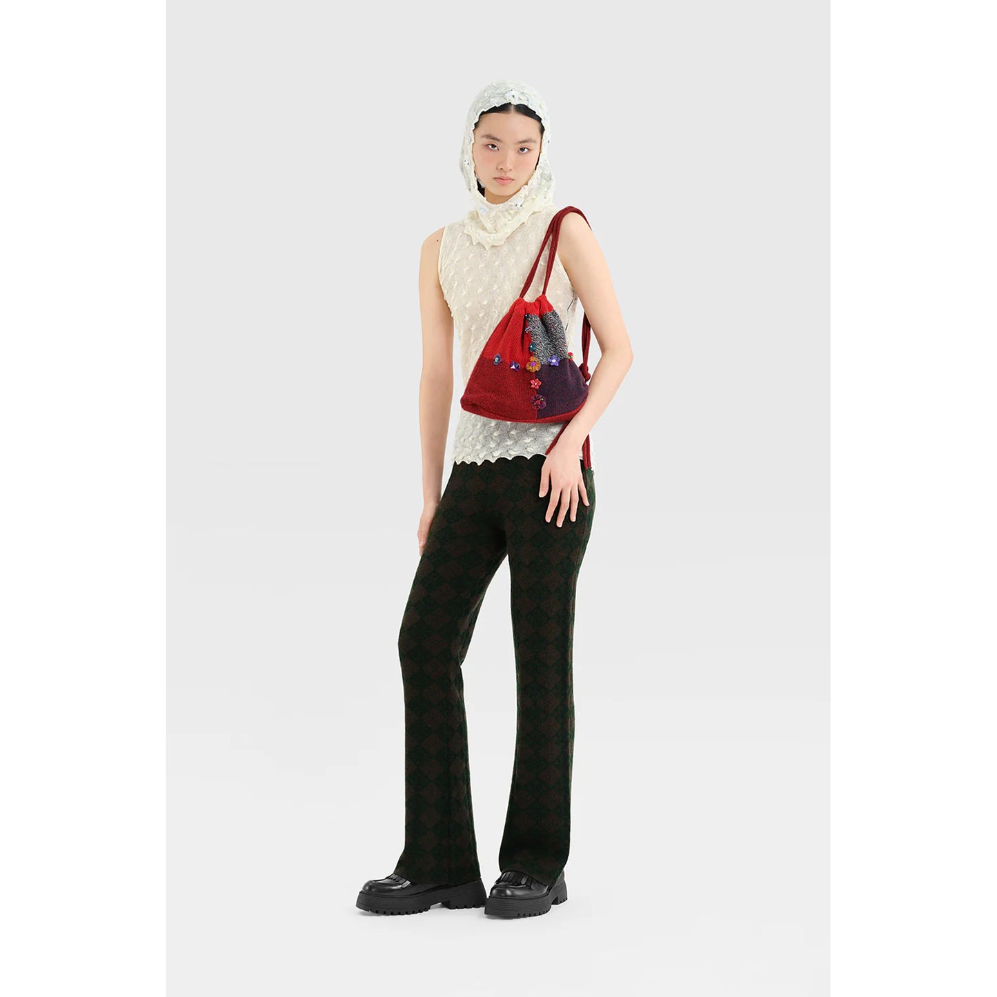 PLAITED CHECK DRAWSTRING BACKPACK / GREY/RED/NAVY