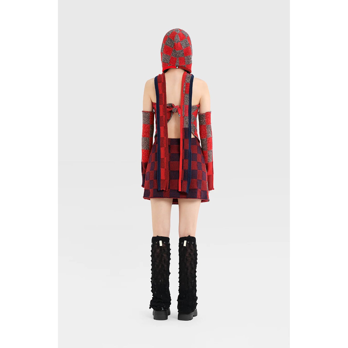 PLAITED CHECK ARM WARMER / GREY/RED