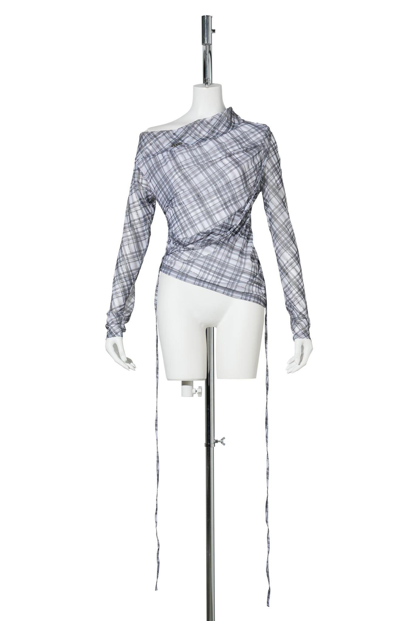 VIKA PLAID MESH OFF SHOULDER TOP / GREY