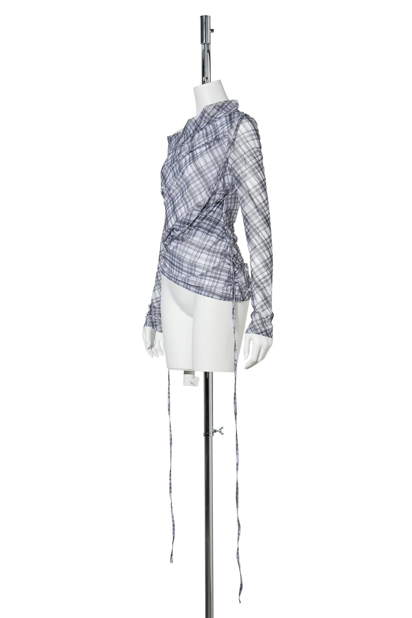 VIKA PLAID MESH OFF SHOULDER TOP / GREY