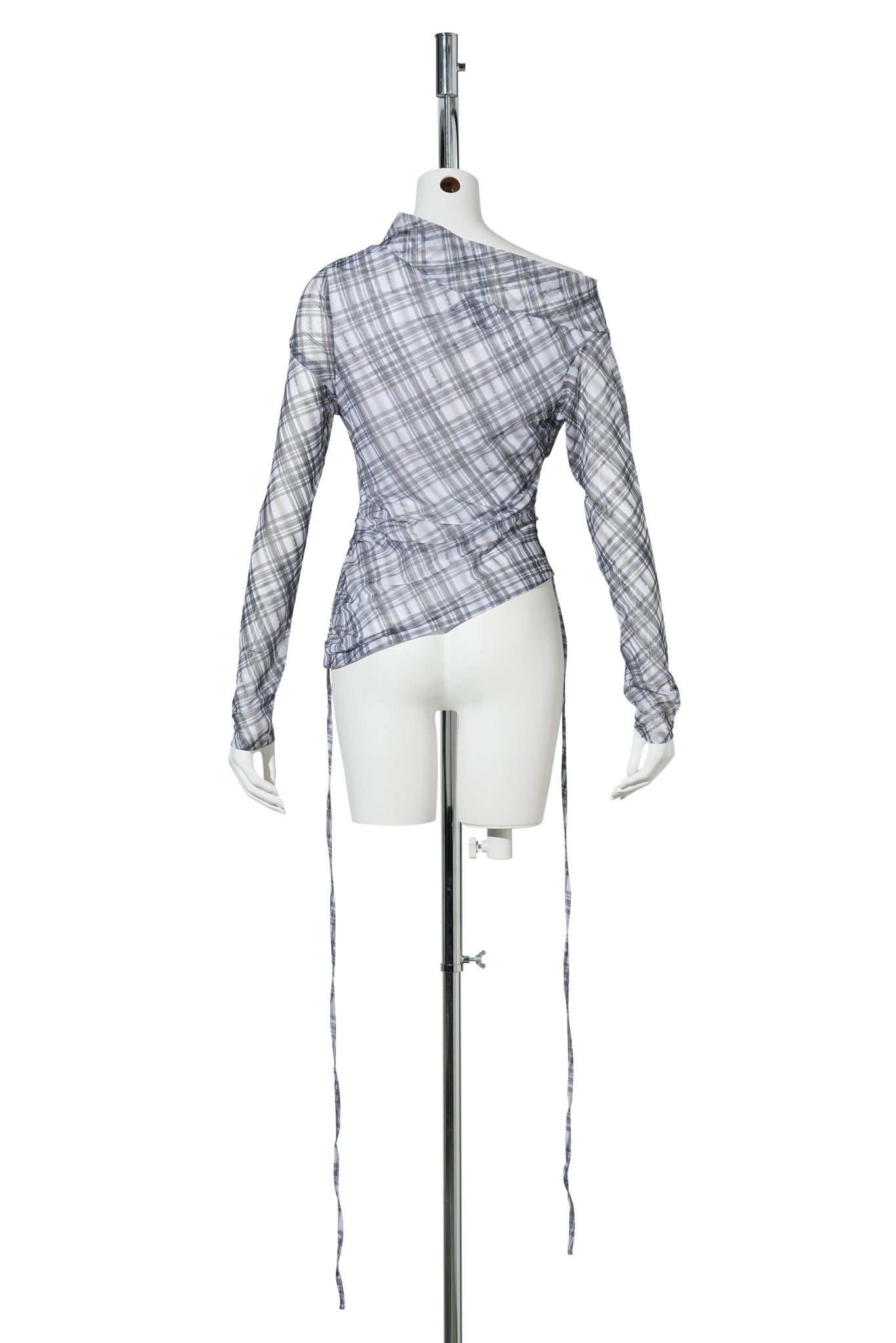 VIKA PLAID MESH OFF SHOULDER TOP / GREY