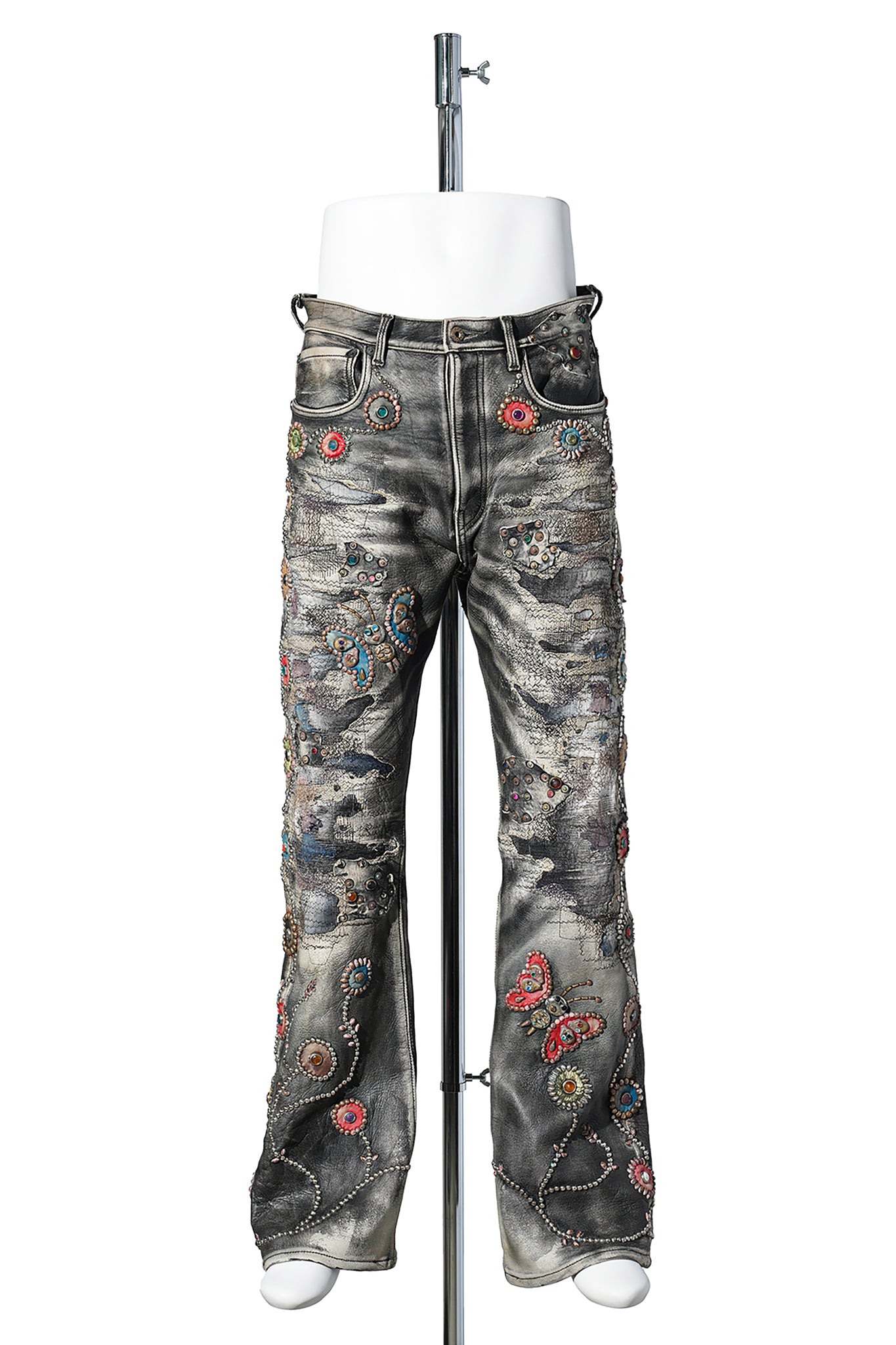 ALL-LEATHER HEAVY-DISTRESSED CUSTOM FLARE JEANS “PSYCHEDELIC GARDEN” / BLACK