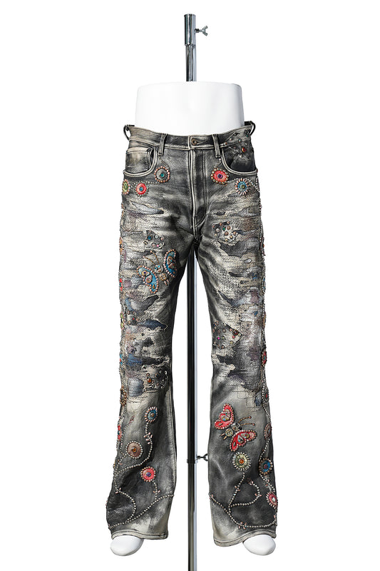 ALL-LEATHER HEAVY-DISTRESSED CUSTOM FLARE JEANS “PSYCHEDELIC GARDEN” / BLACK