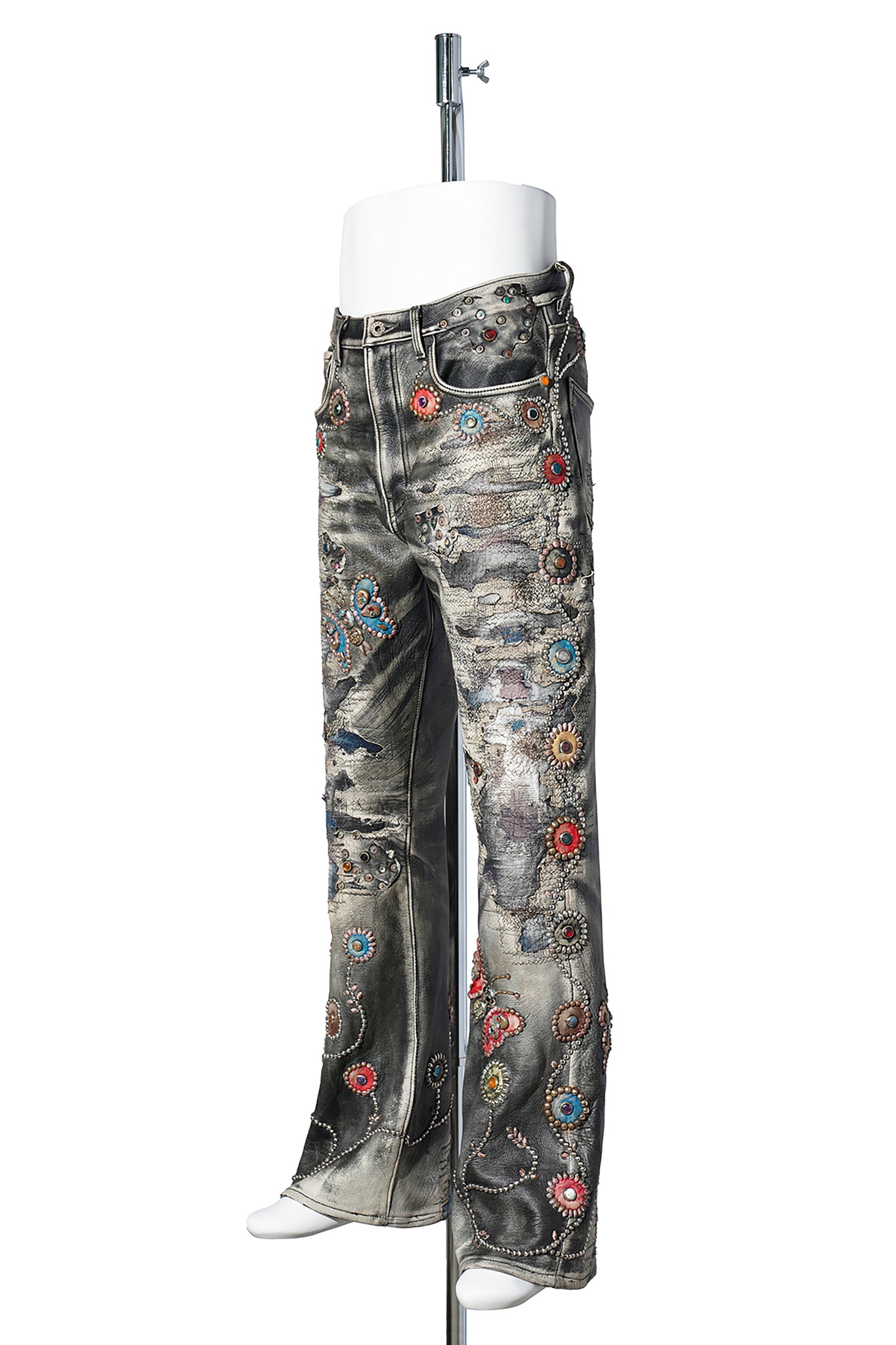 ALL-LEATHER HEAVY-DISTRESSED CUSTOM FLARE JEANS “PSYCHEDELIC GARDEN” / BLACK