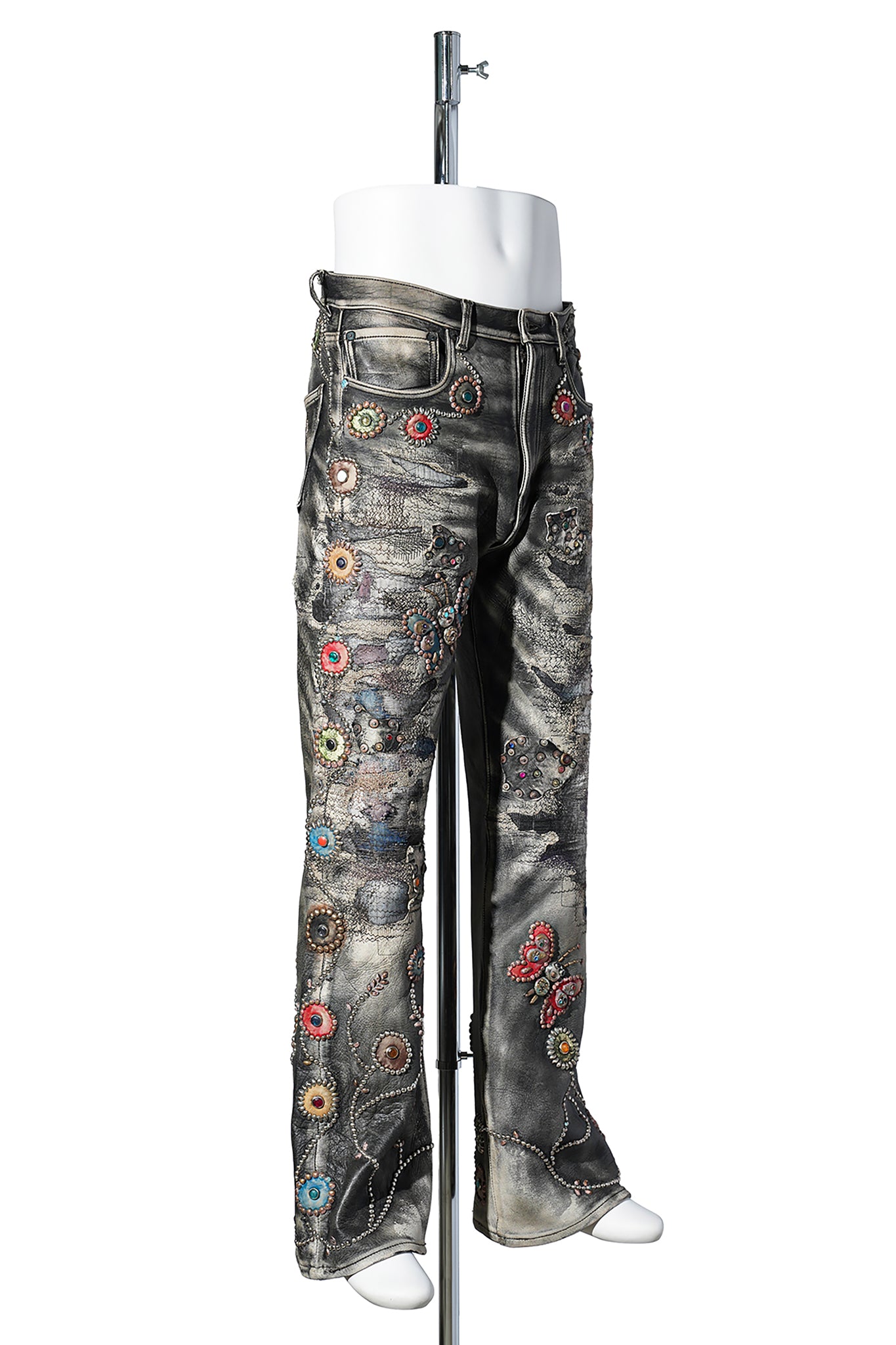 ALL-LEATHER HEAVY-DISTRESSED CUSTOM FLARE JEANS “PSYCHEDELIC GARDEN” / BLACK