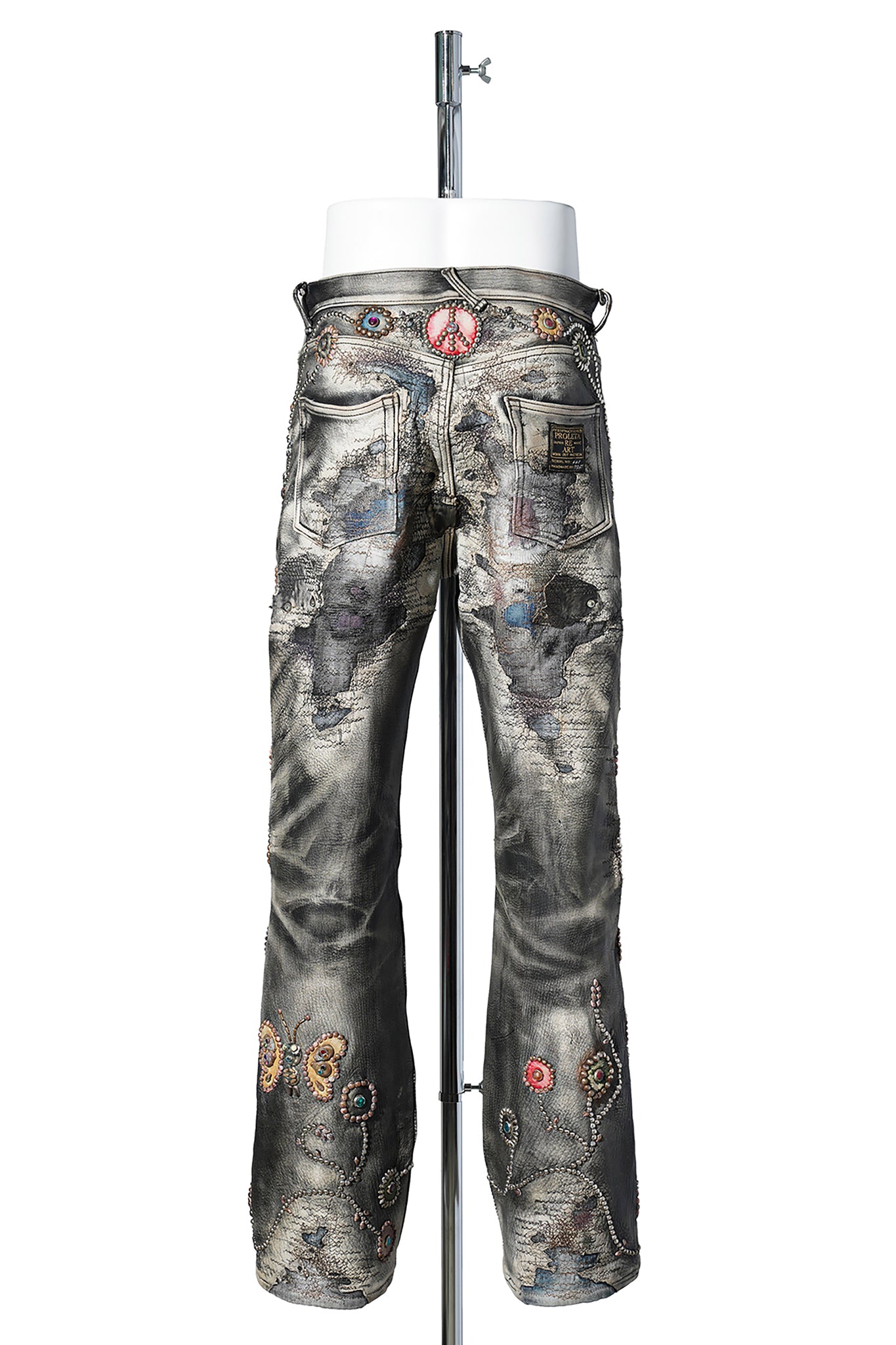 ALL-LEATHER HEAVY-DISTRESSED CUSTOM FLARE JEANS “PSYCHEDELIC GARDEN” / BLACK