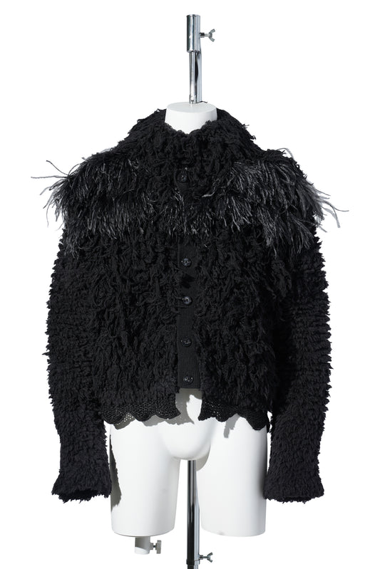 HERE CROPPED KNITTED BLOUSON WITH FEATHERS EMBROIDERY / 099:BLACK