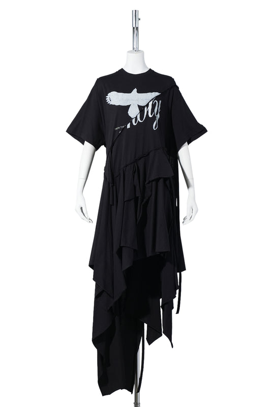 GUUSTA LONG HIGH COMFORT DECONSTRUCTED DRESS WITH MIX PRINT / BLACK