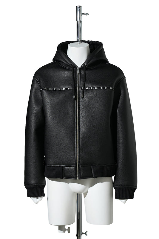 HOODED STUDDED BOMBER / BLACK