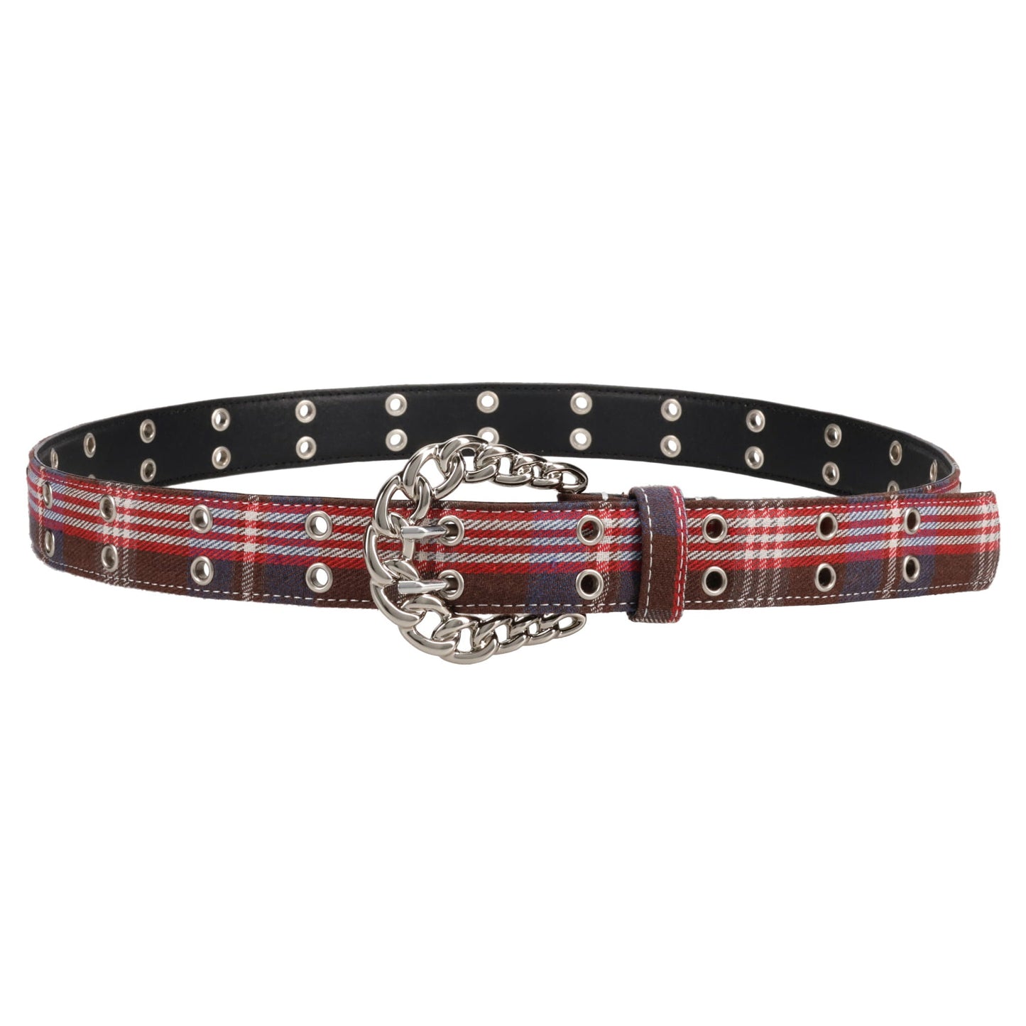 CHAIN BUCKLE CHECK BELT / FLANNEL BLUE BROWN