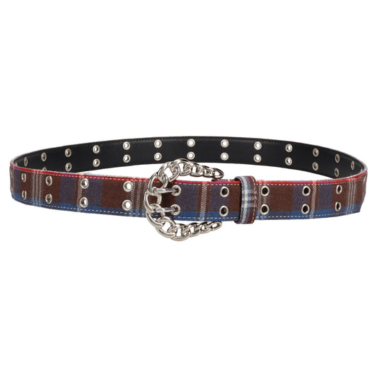 CHAIN BUCKLE CHECK BELT / FLANNEL BLUE BROWN