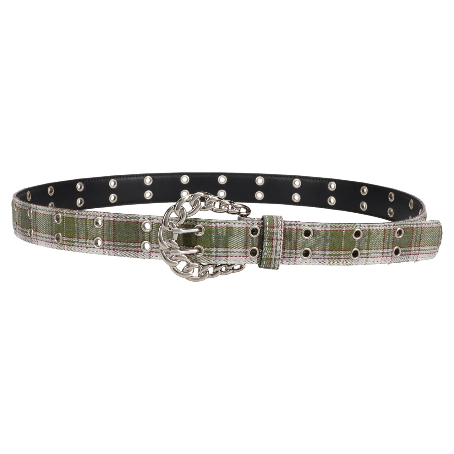 CHAIN BUCKLE CHECK BELT / FLANNEL GREY WHITE