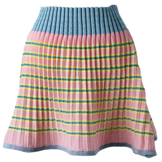 KNITTED MERINO AND LUREX PLEAT MIDI SKIRT WITH MULICOLOR STRIPES AND CHECK RIB / ROSE/MULTI