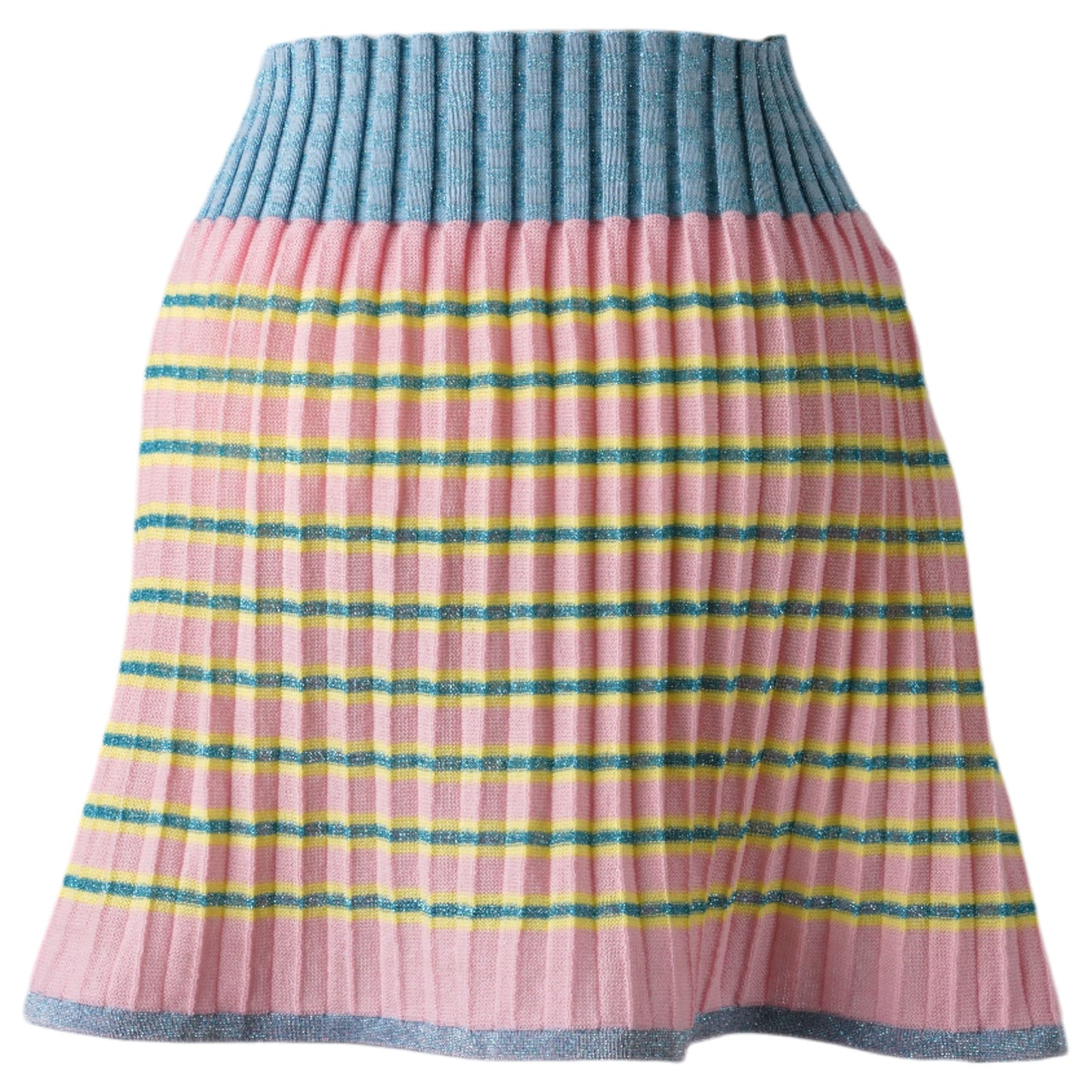 KNITTED MERINO AND LUREX PLEAT MIDI SKIRT WITH MULICOLOR STRIPES AND CHECK RIB / ROSE/MULTI