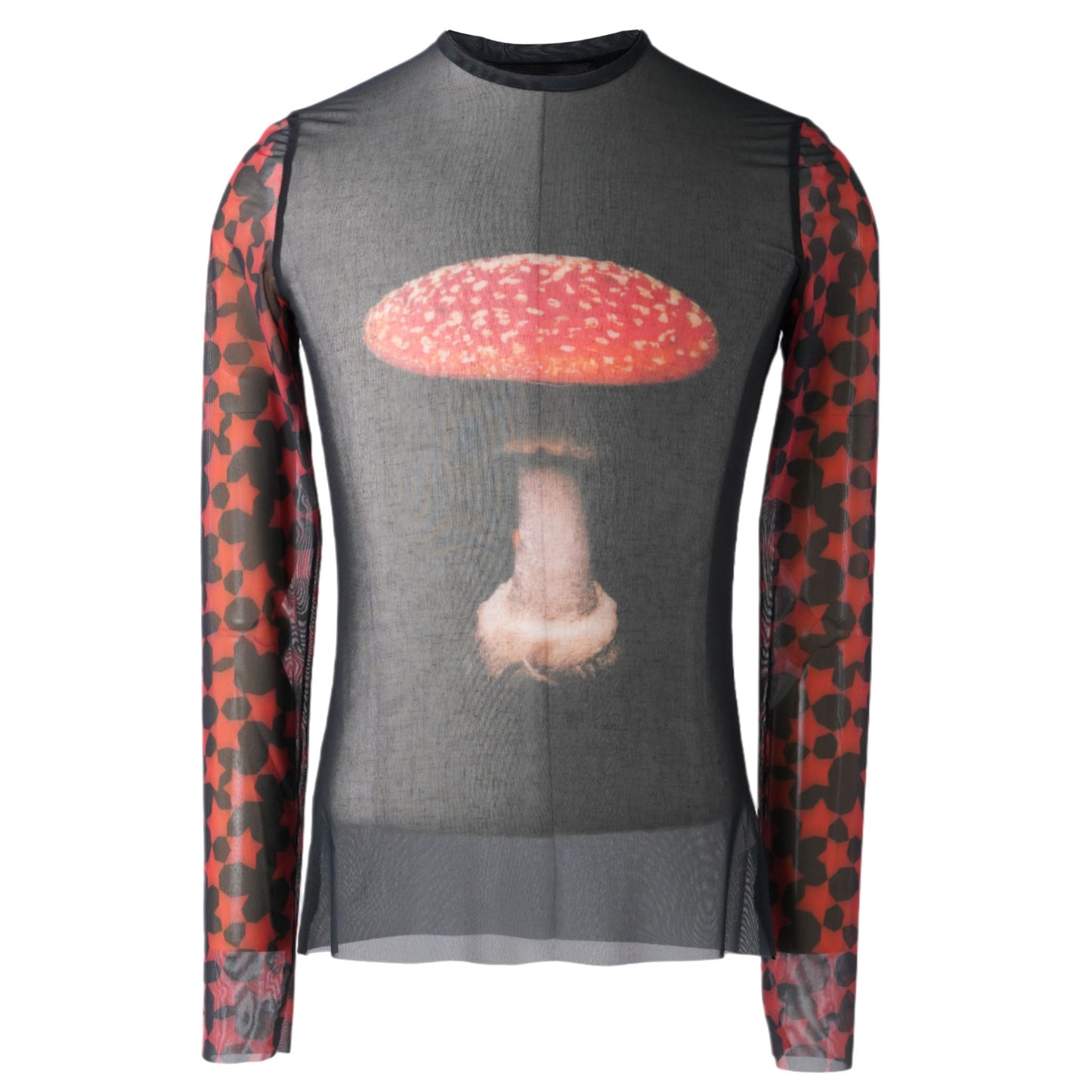 AI MUSHROOM AND STARS PRINT POLY LONG SLEEVE T-SHIRT / BLACK/WHITE