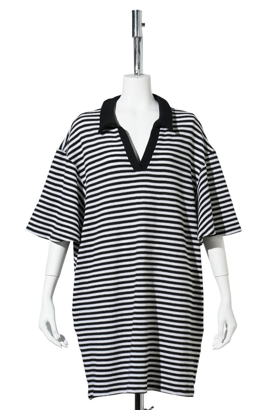 LONG KNITTED MERINO POLO SHIRT WITH COLLAR AND SMALL STRIPES PATTERN / BLACK/WHITE