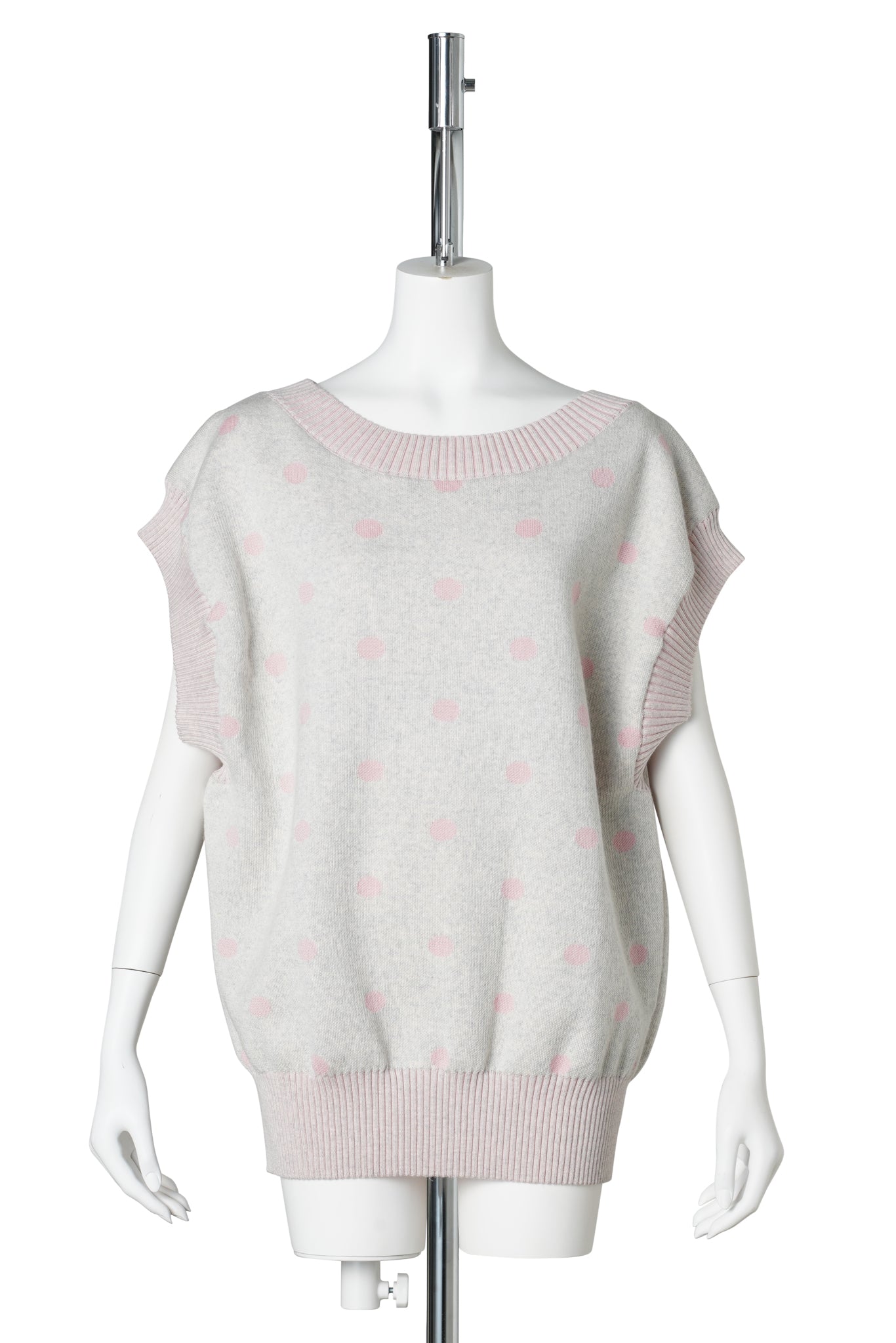 POLKA DOT SQUARE VEST PULLOVER WITH MERINO JACQUARD PRINT AND RIB EDGES / ROSE/GREY