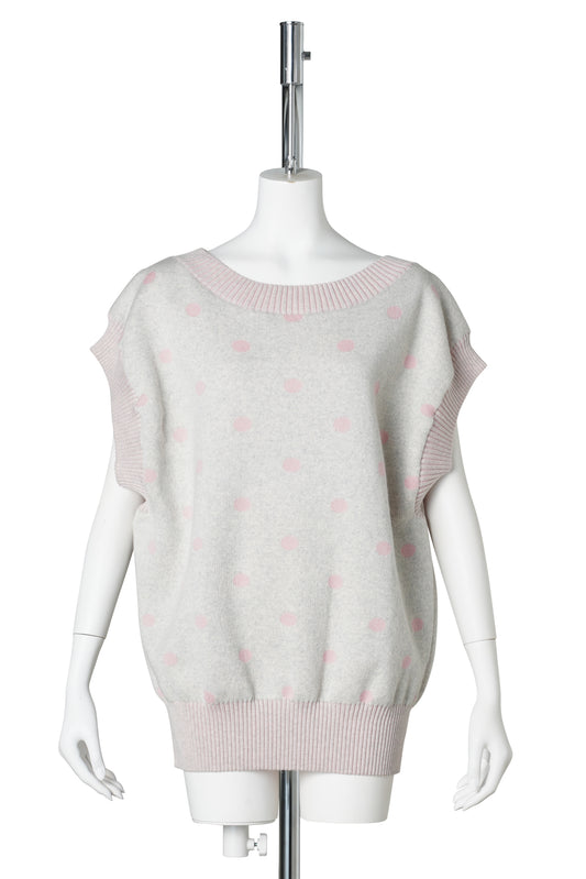 POLKA DOT SQUARE VEST PULLOVER WITH MERINO JACQUARD PRINT AND RIB EDGES / ROSE/GREY