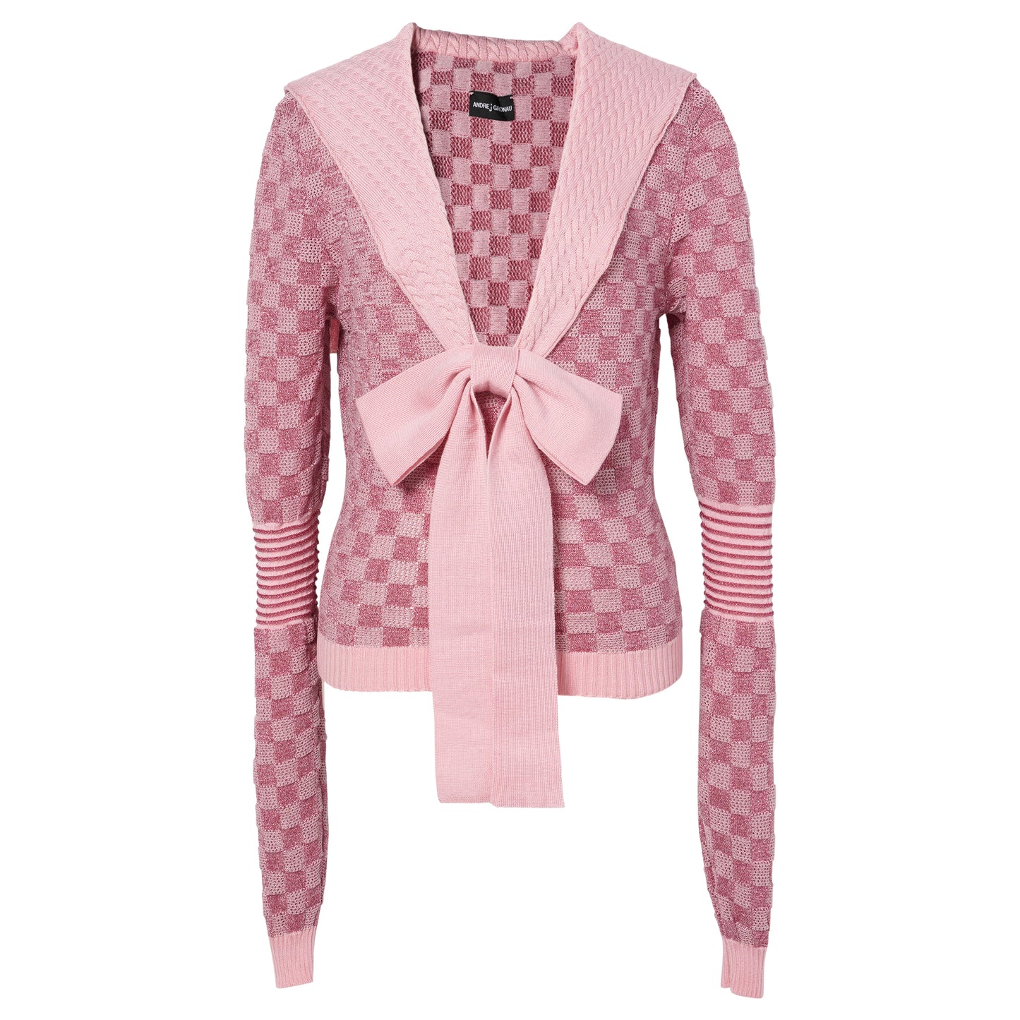 POINTELLE CHECK KNITTED LONGSLEEVE JUMPER WITH SAILOR COLLAR AND BOW / ROSE