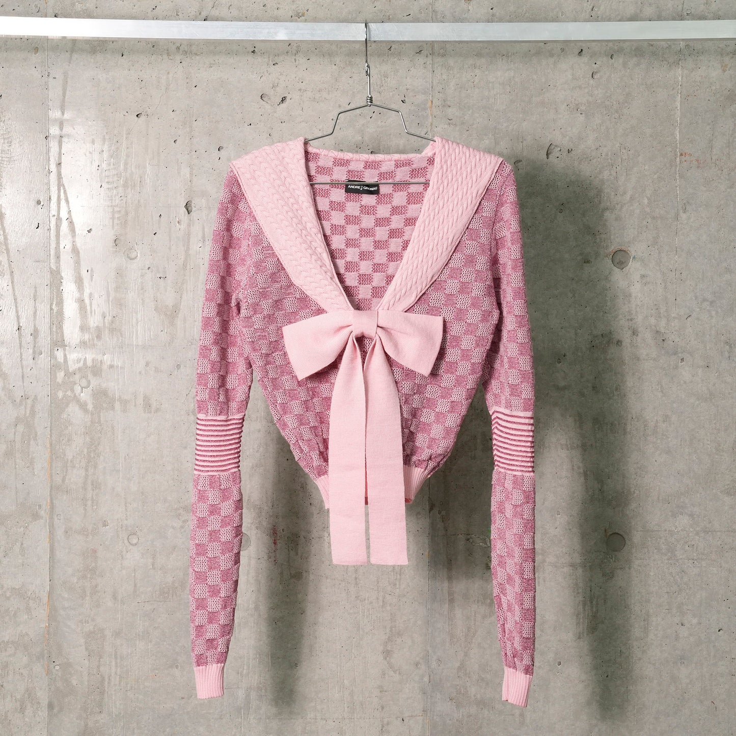 POINTELLE CHECK KNITTED LONGSLEEVE JUMPER WITH SAILOR COLLAR AND BOW / ROSE