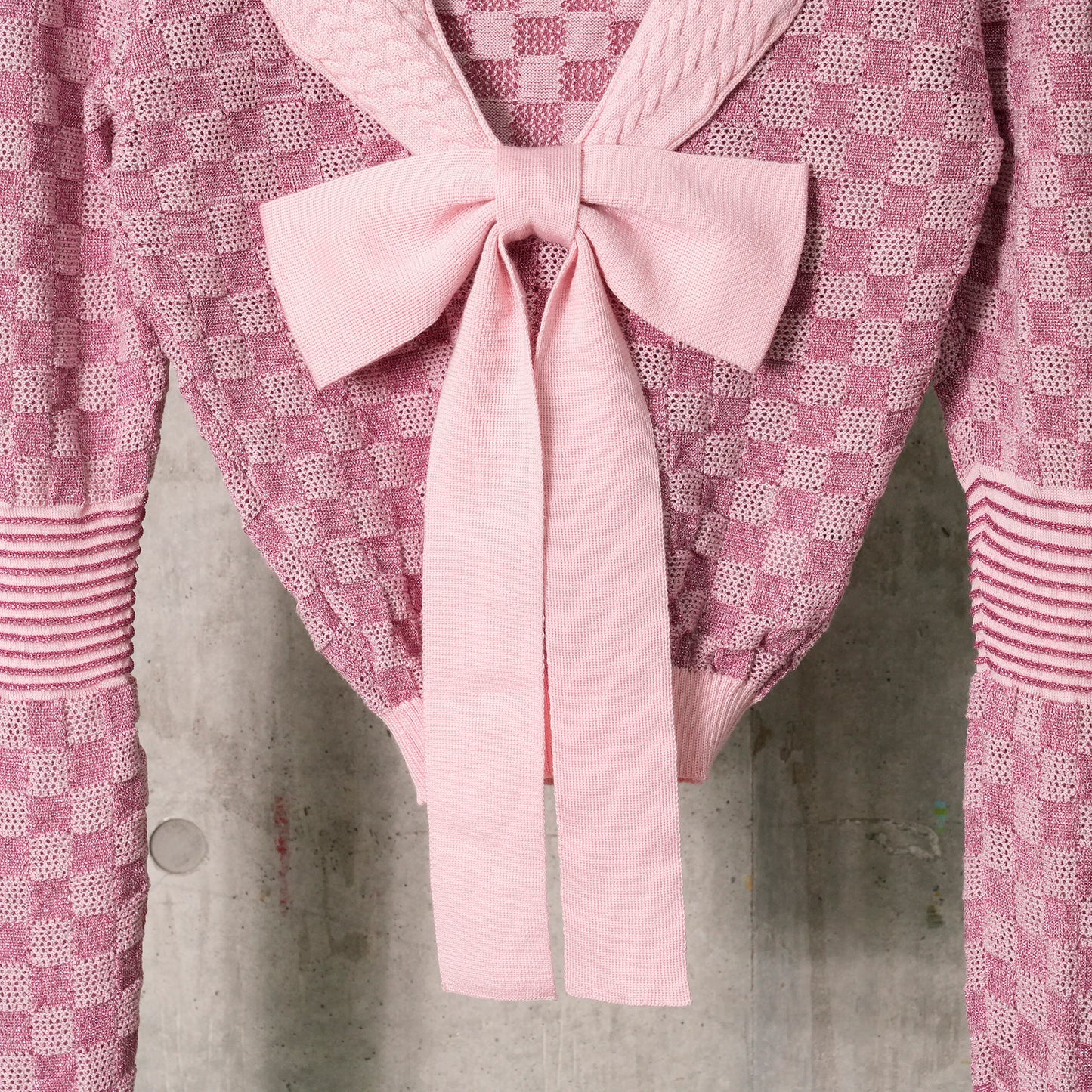 POINTELLE CHECK KNITTED LONGSLEEVE JUMPER WITH SAILOR COLLAR AND BOW / ROSE