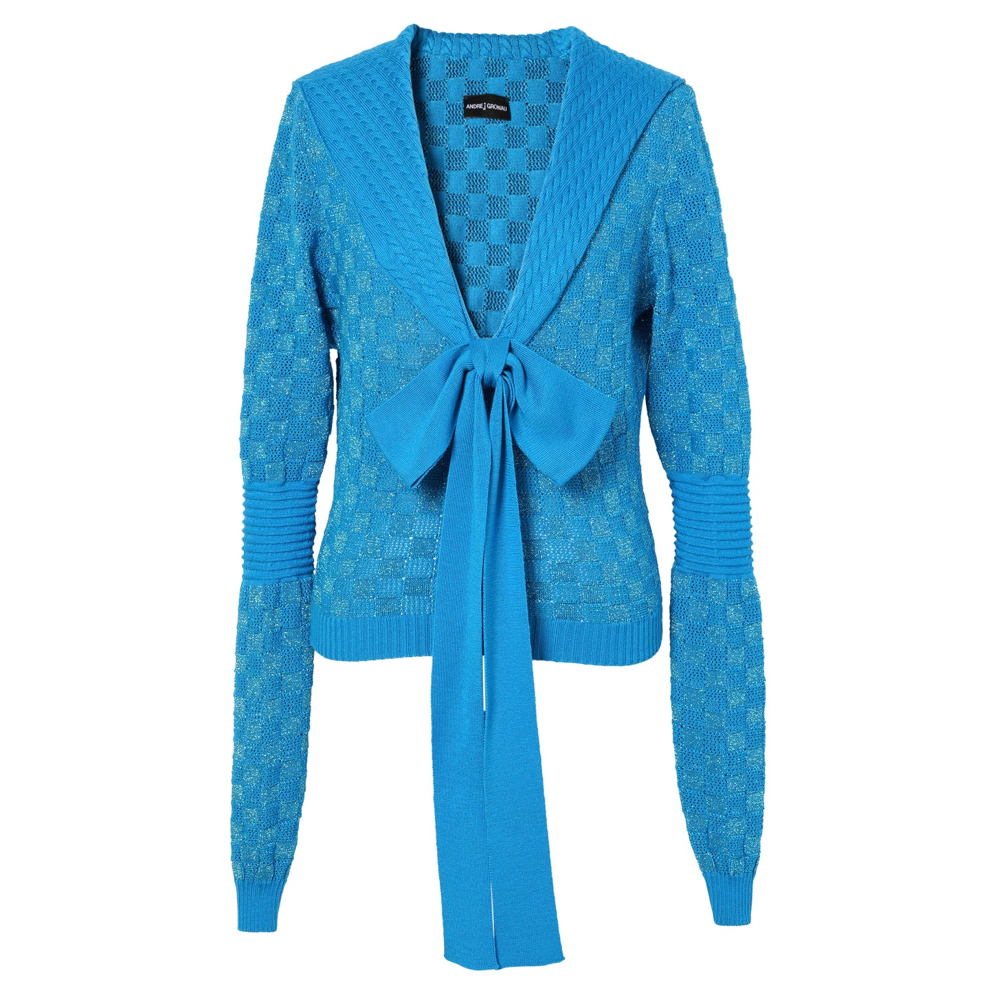 POINTELLE CHECK KNITTED LONGSLEEVE JUMPER WITH SAILOR COLLAR AND BOW / BLUE