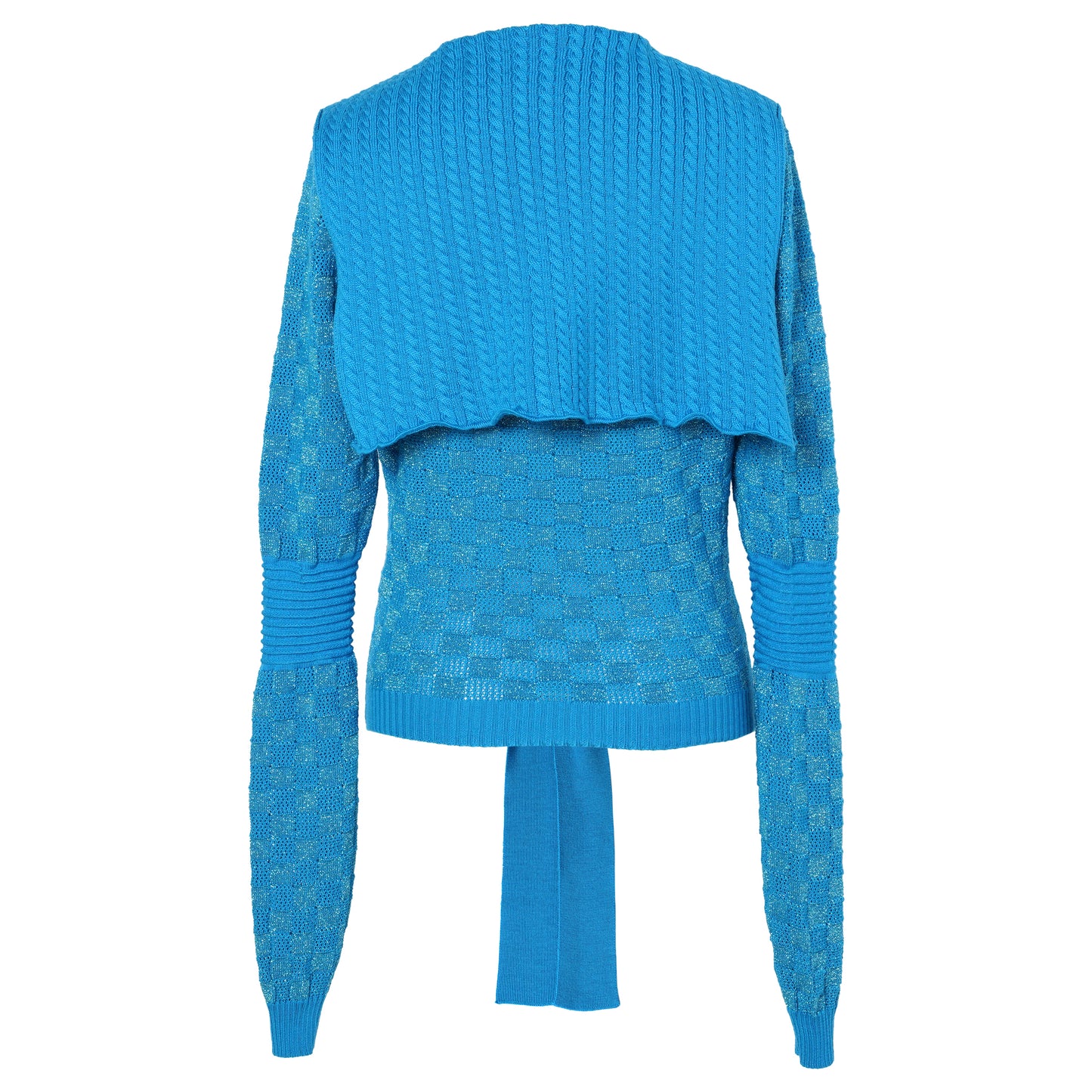 POINTELLE CHECK KNITTED LONGSLEEVE JUMPER WITH SAILOR COLLAR AND BOW / BLUE
