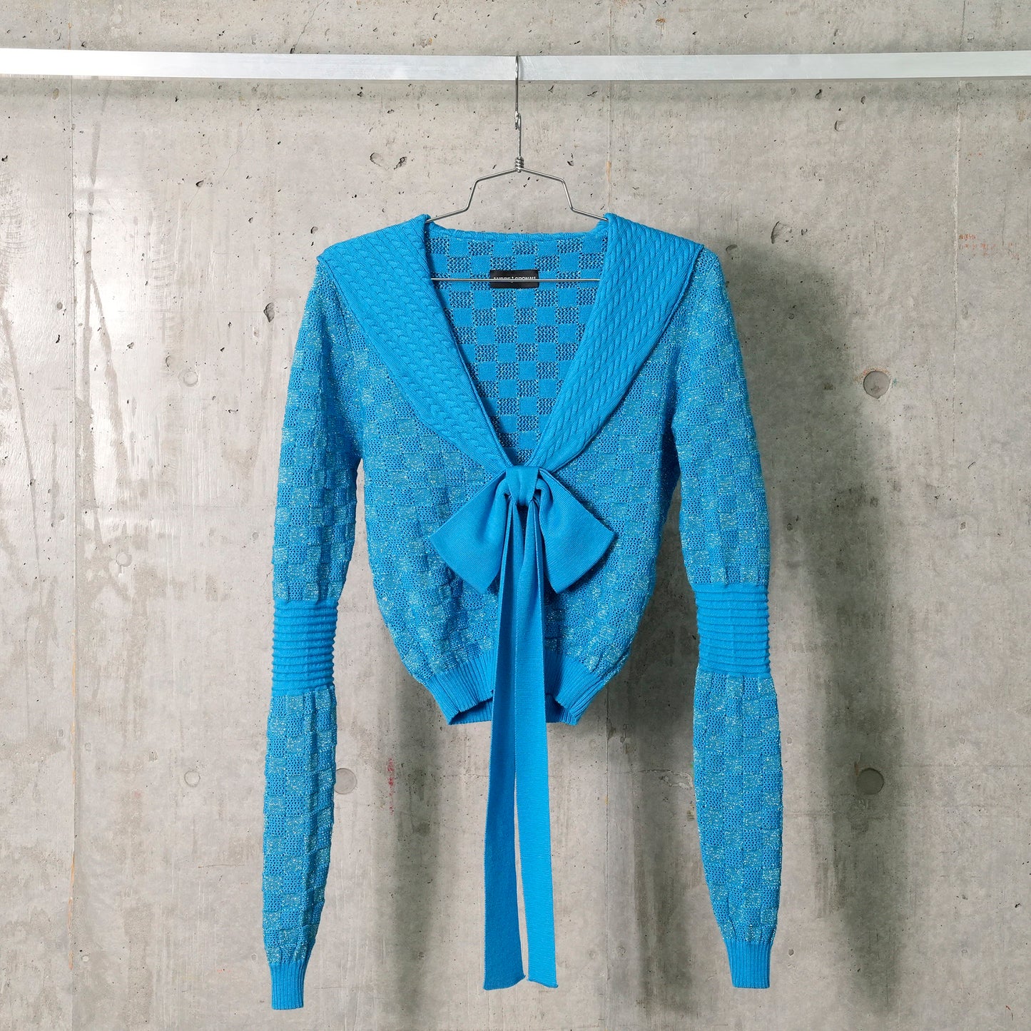 POINTELLE CHECK KNITTED LONGSLEEVE JUMPER WITH SAILOR COLLAR AND BOW / BLUE