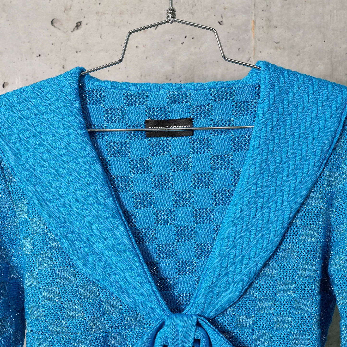 POINTELLE CHECK KNITTED LONGSLEEVE JUMPER WITH SAILOR COLLAR AND BOW / BLUE