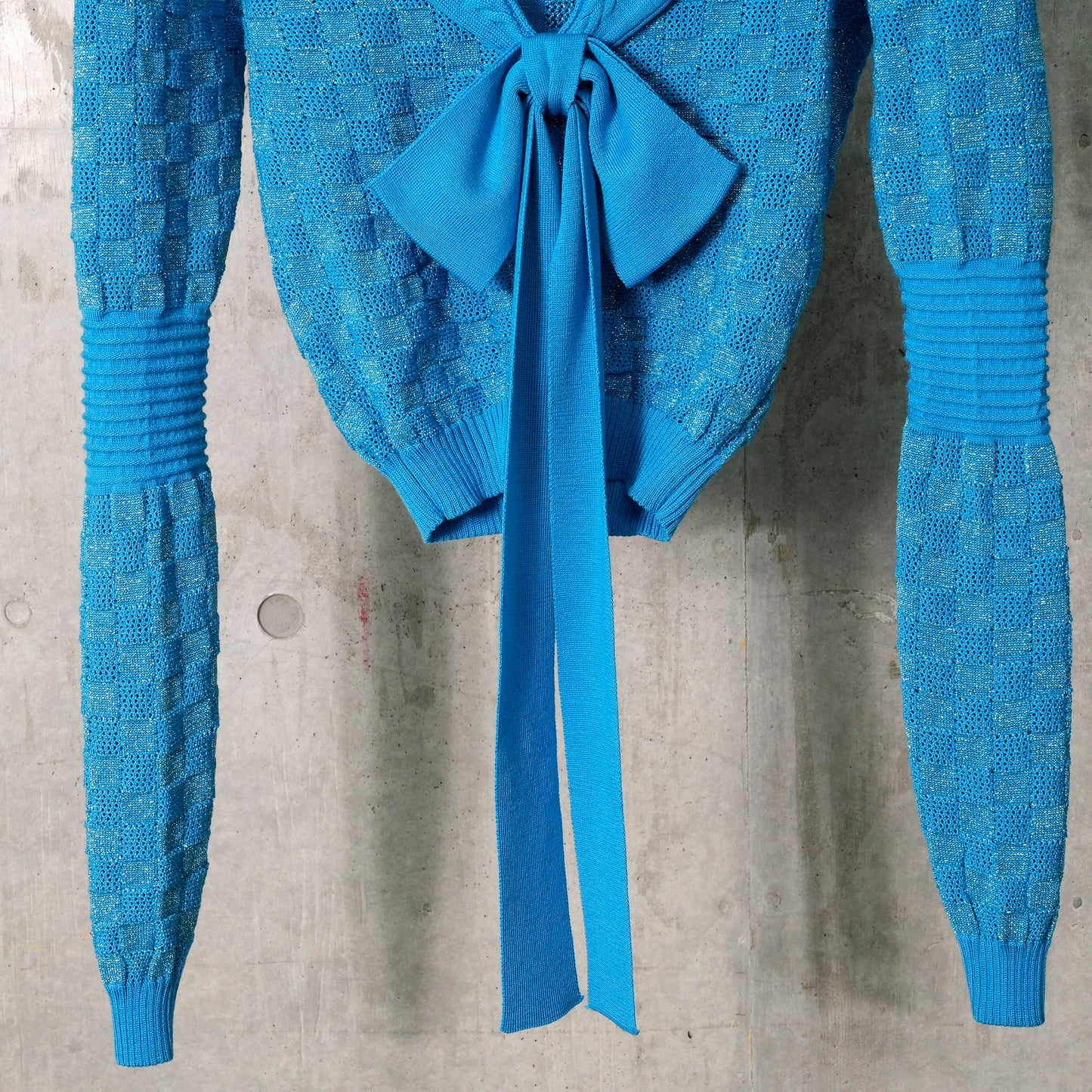 POINTELLE CHECK KNITTED LONGSLEEVE JUMPER WITH SAILOR COLLAR AND BOW / BLUE