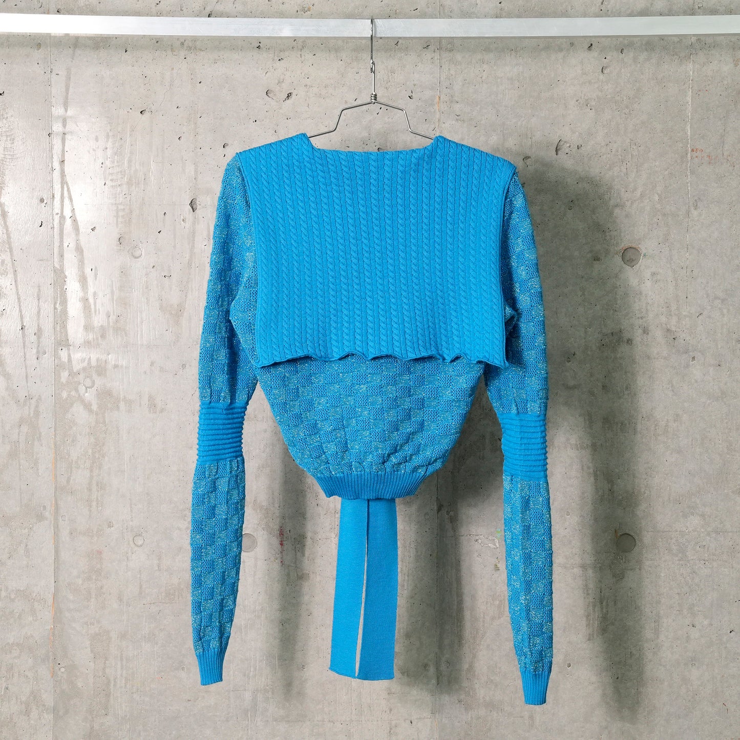 POINTELLE CHECK KNITTED LONGSLEEVE JUMPER WITH SAILOR COLLAR AND BOW / BLUE