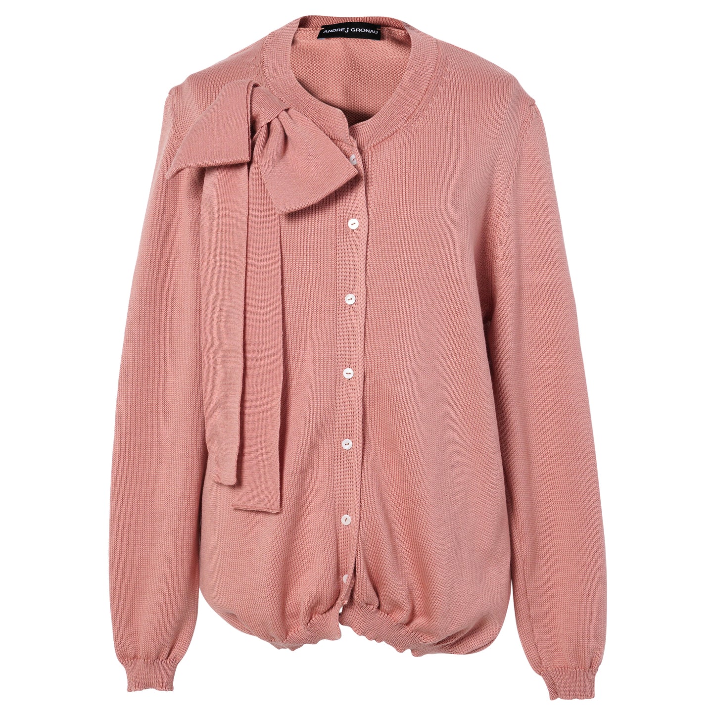 CLASSIC FRENCH KNITTED MERINO CARDIGAN WITH FRONT BUT- TONS AND SHORT HEM AND KNIT- TED BOW / ROSE