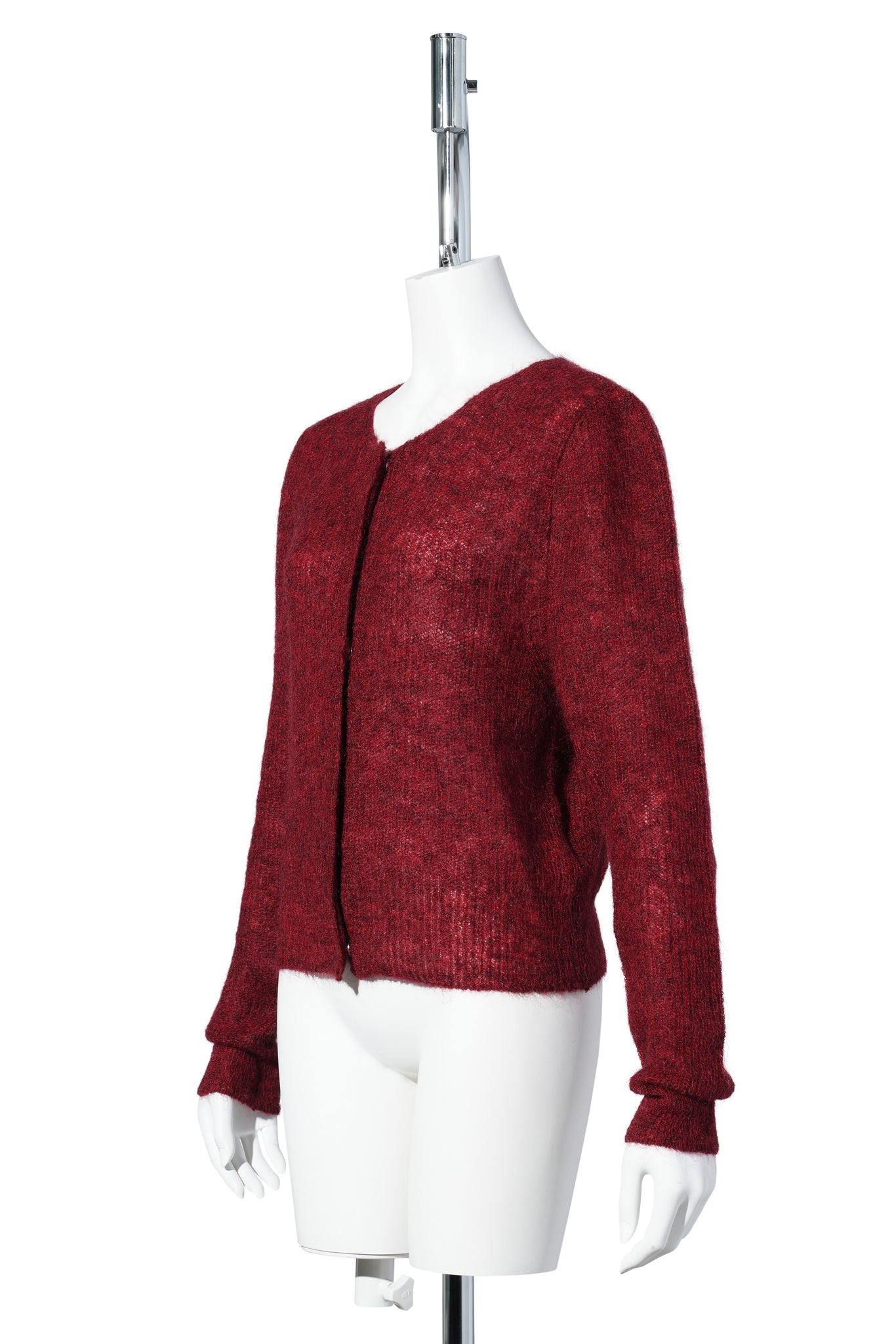 ROUND NECK SHEER CARDIGAN / RED