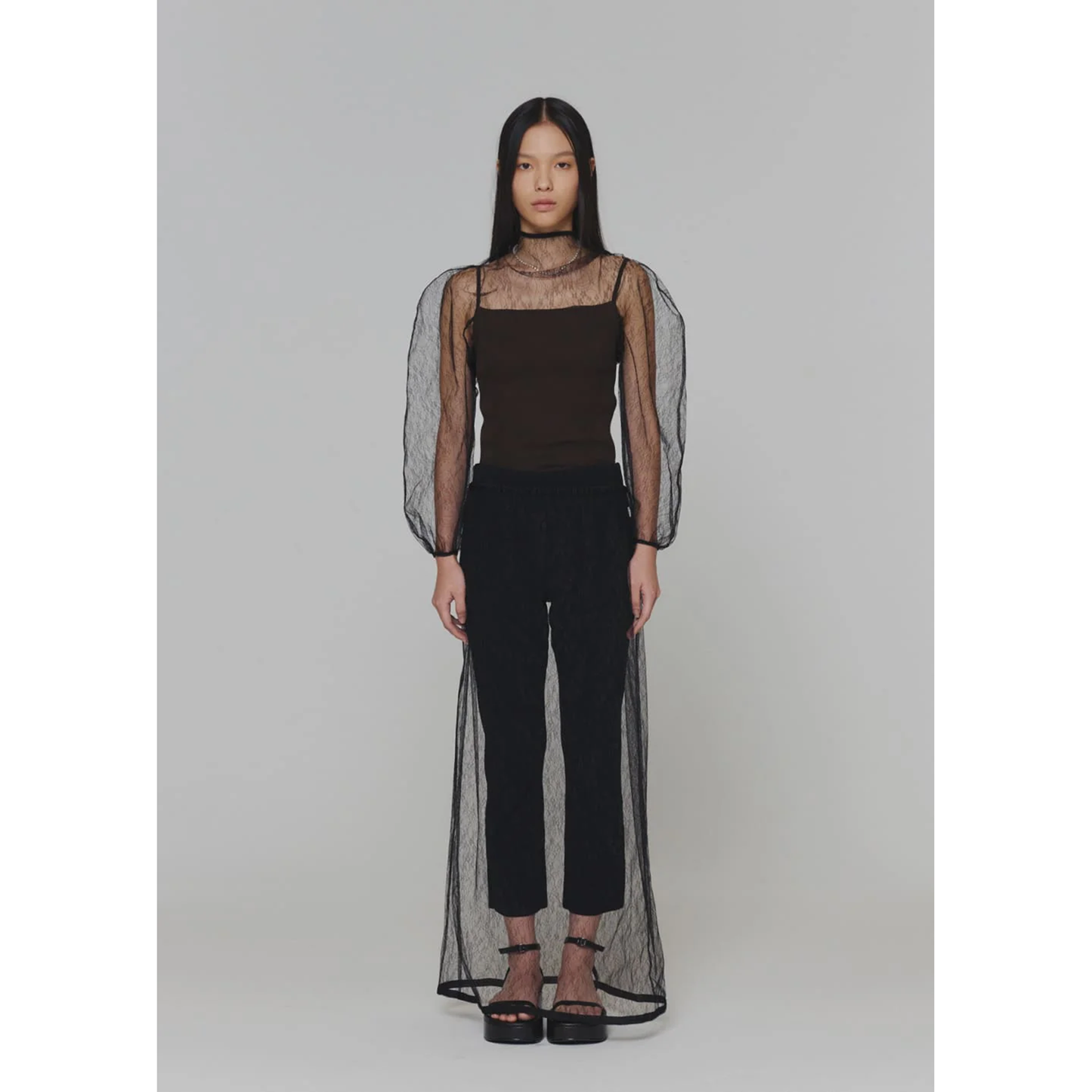 SHEER LACE MOCK NECK TOP / BLACK