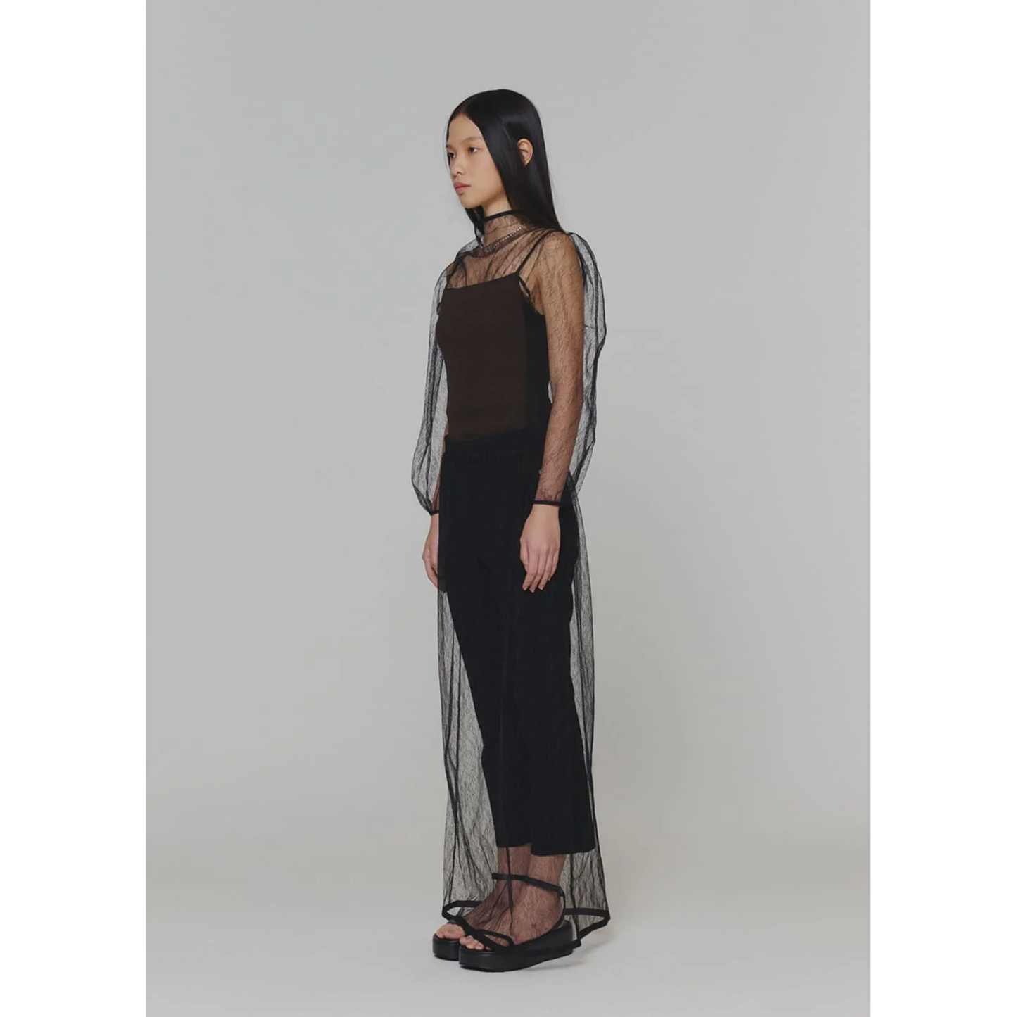 SHEER LACE MOCK NECK TOP / BLACK