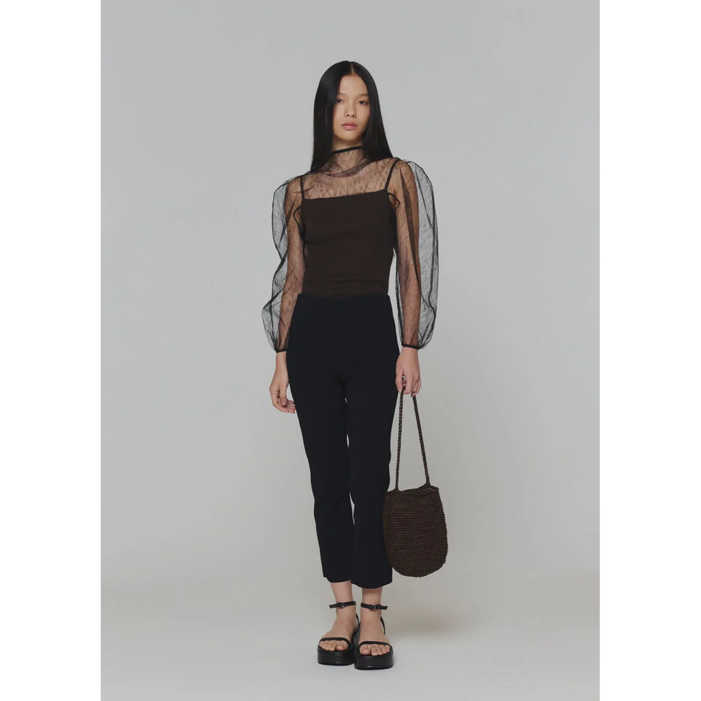 SHEER LACE MOCK NECK TOP / BLACK