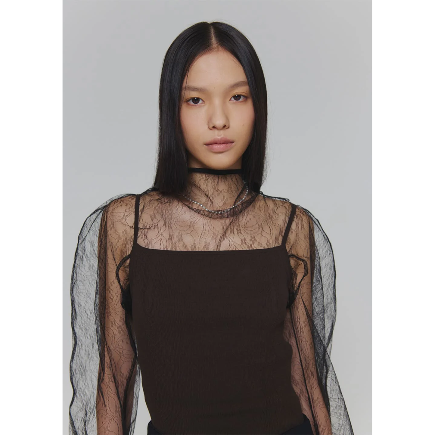 SHEER LACE MOCK NECK TOP / BLACK