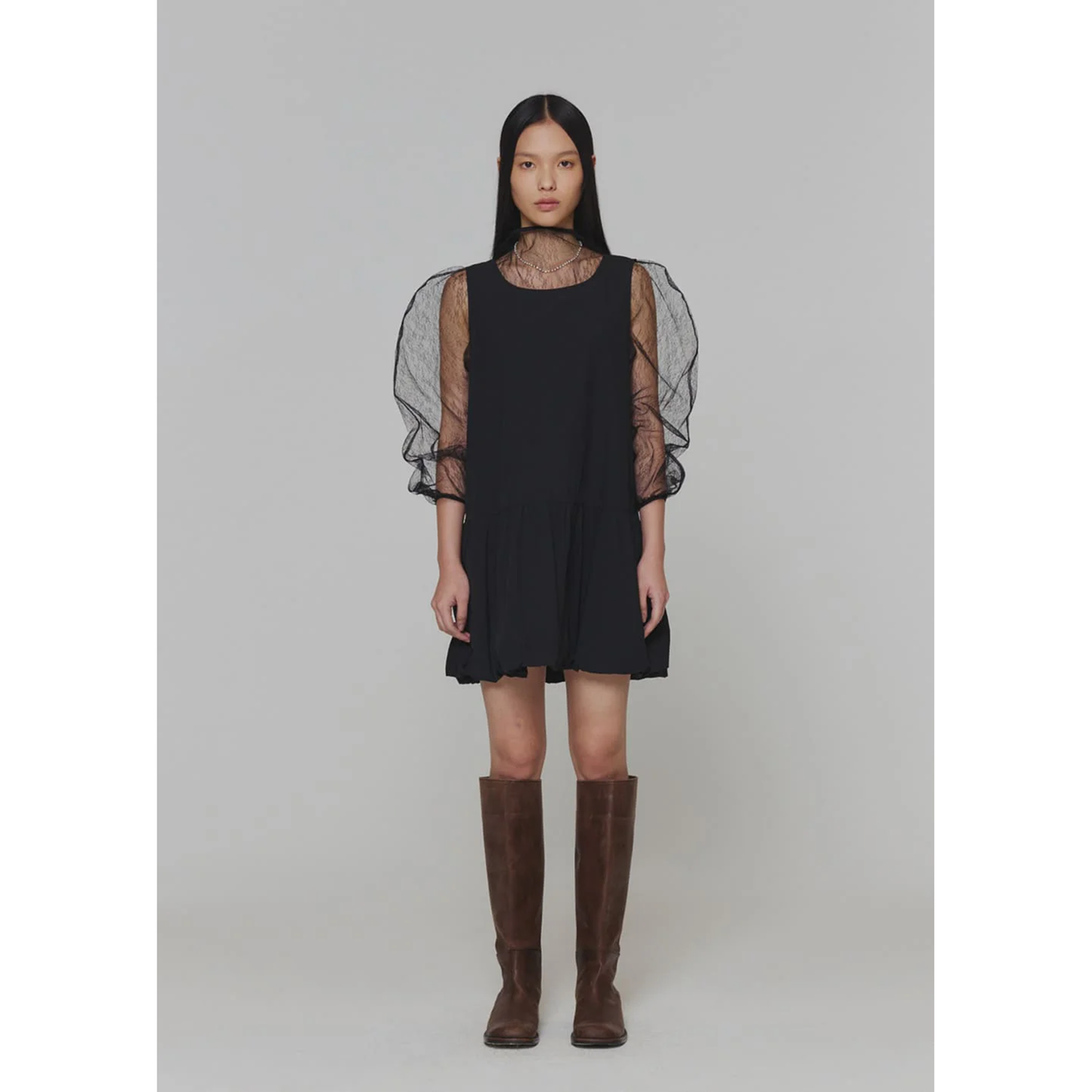 SHEER LACE MOCK NECK TOP / BLACK