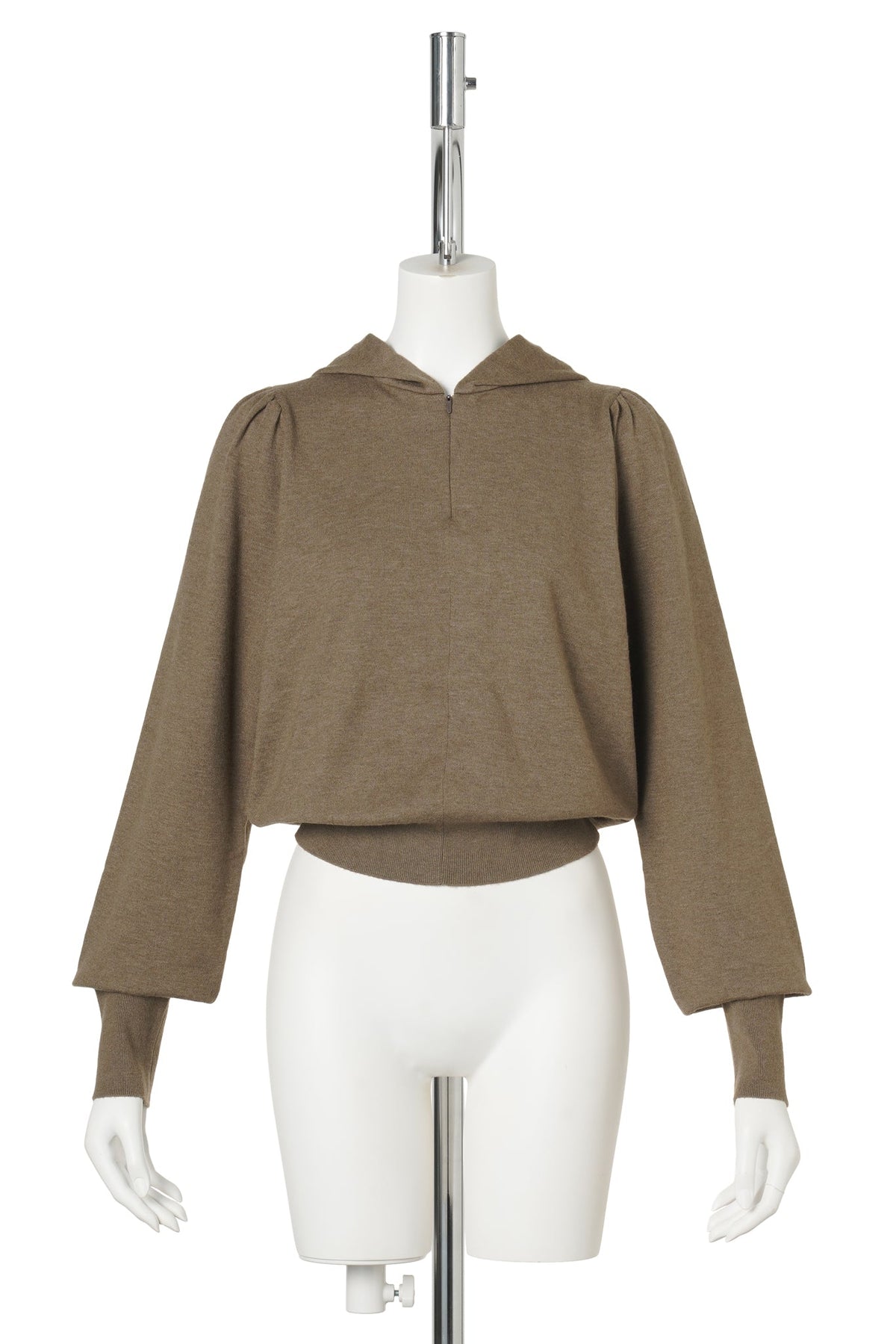 SHIRRING HALF ZIP UP KNIT HOODIE / KHAKI