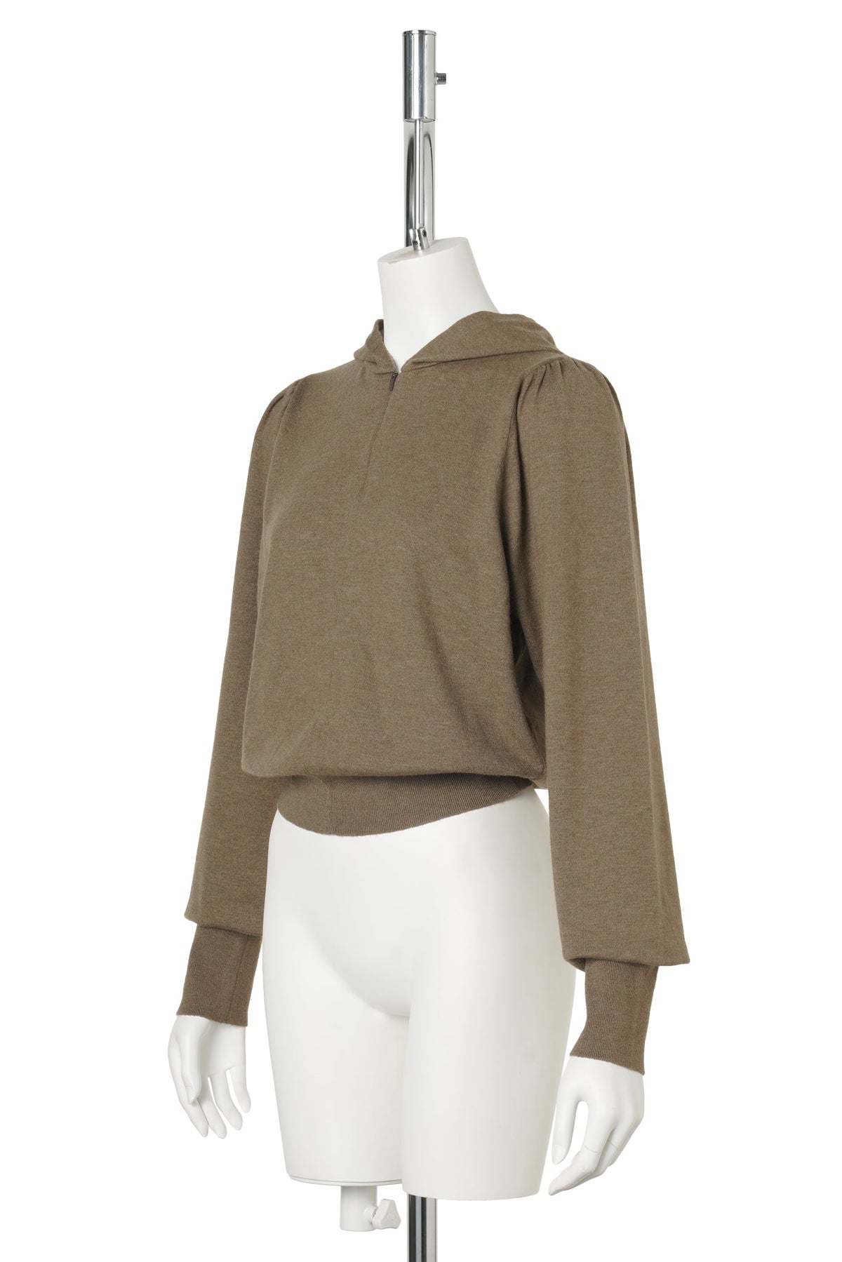 SHIRRING HALF ZIP UP KNIT HOODIE / KHAKI