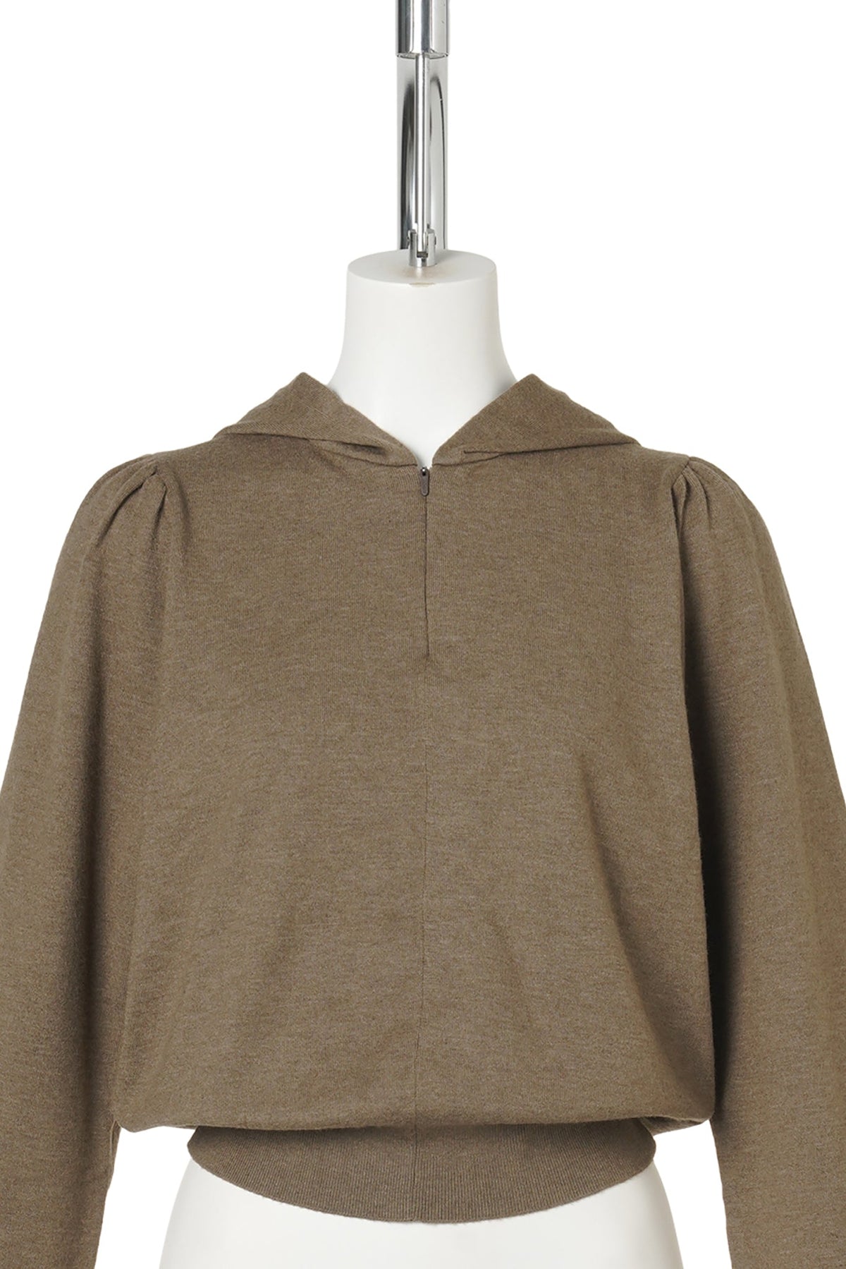 SHIRRING HALF ZIP UP KNIT HOODIE / KHAKI