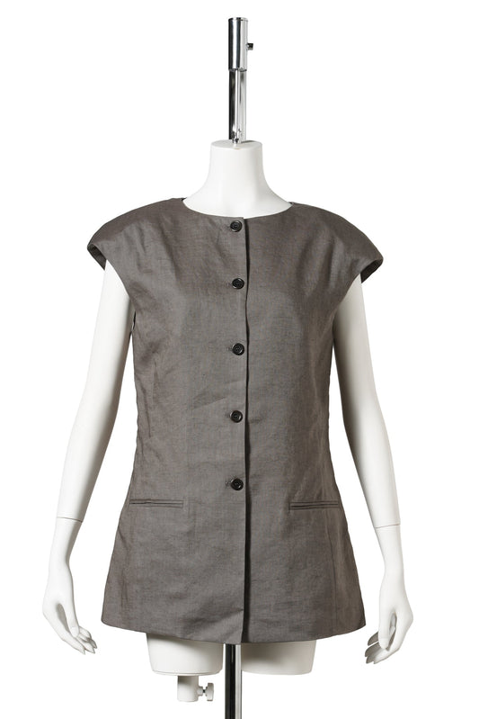 LINEN CURVED VEST / KHAKI